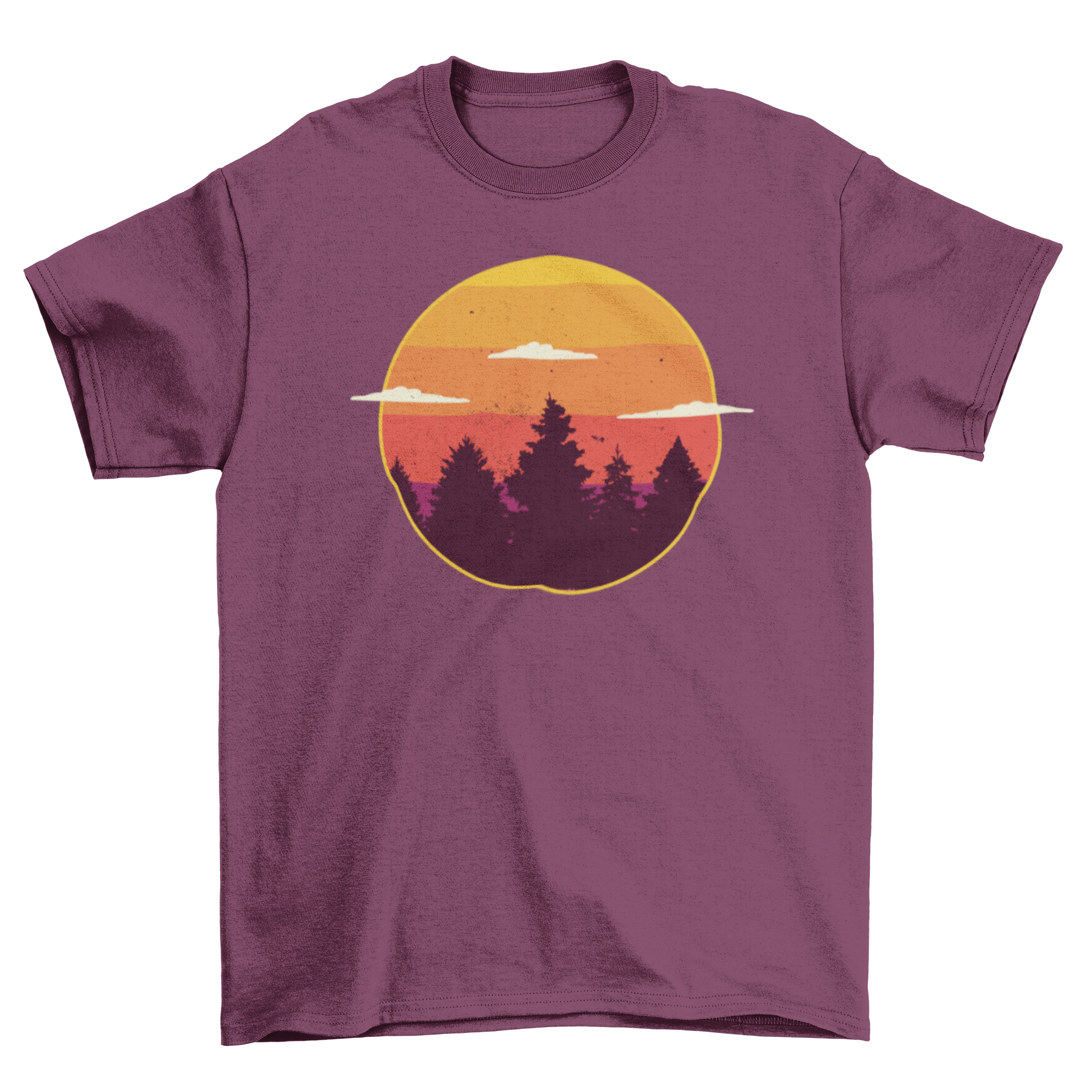 A stylish t-shirt featuring a vibrant sunset illustration over a lush forest, perfect for nature lovers.