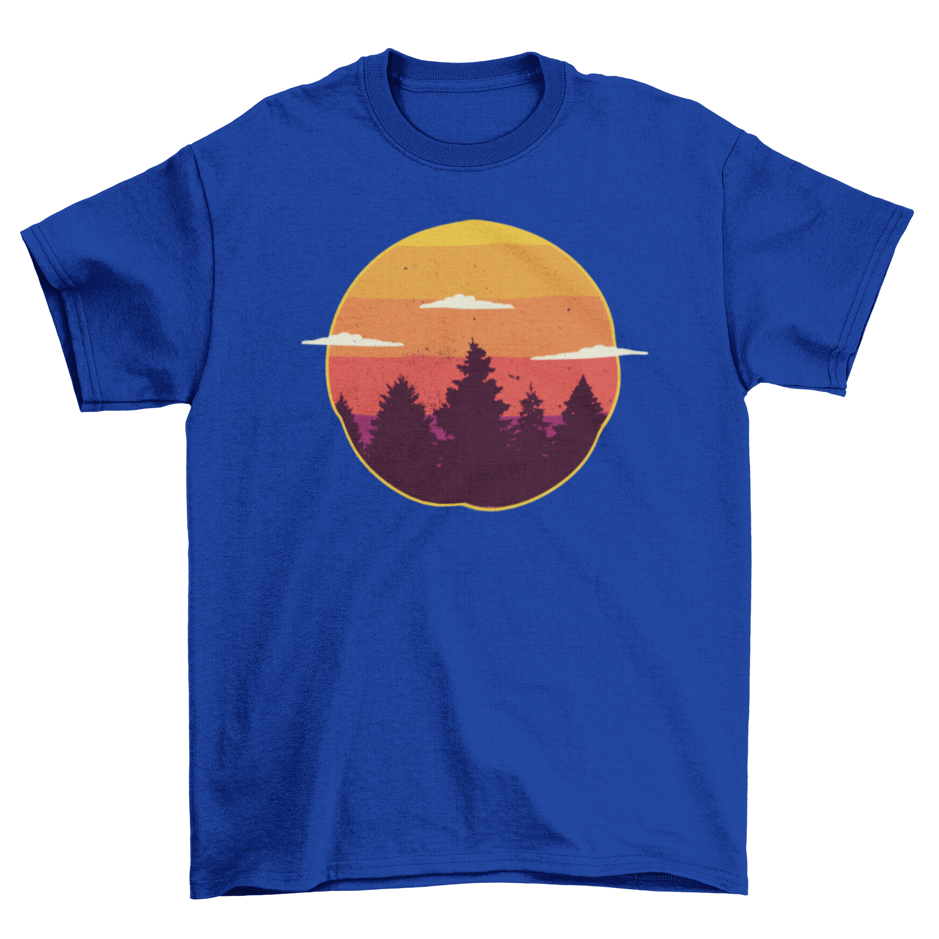 A stylish t-shirt featuring a vibrant sunset illustration over a lush forest, perfect for nature lovers.