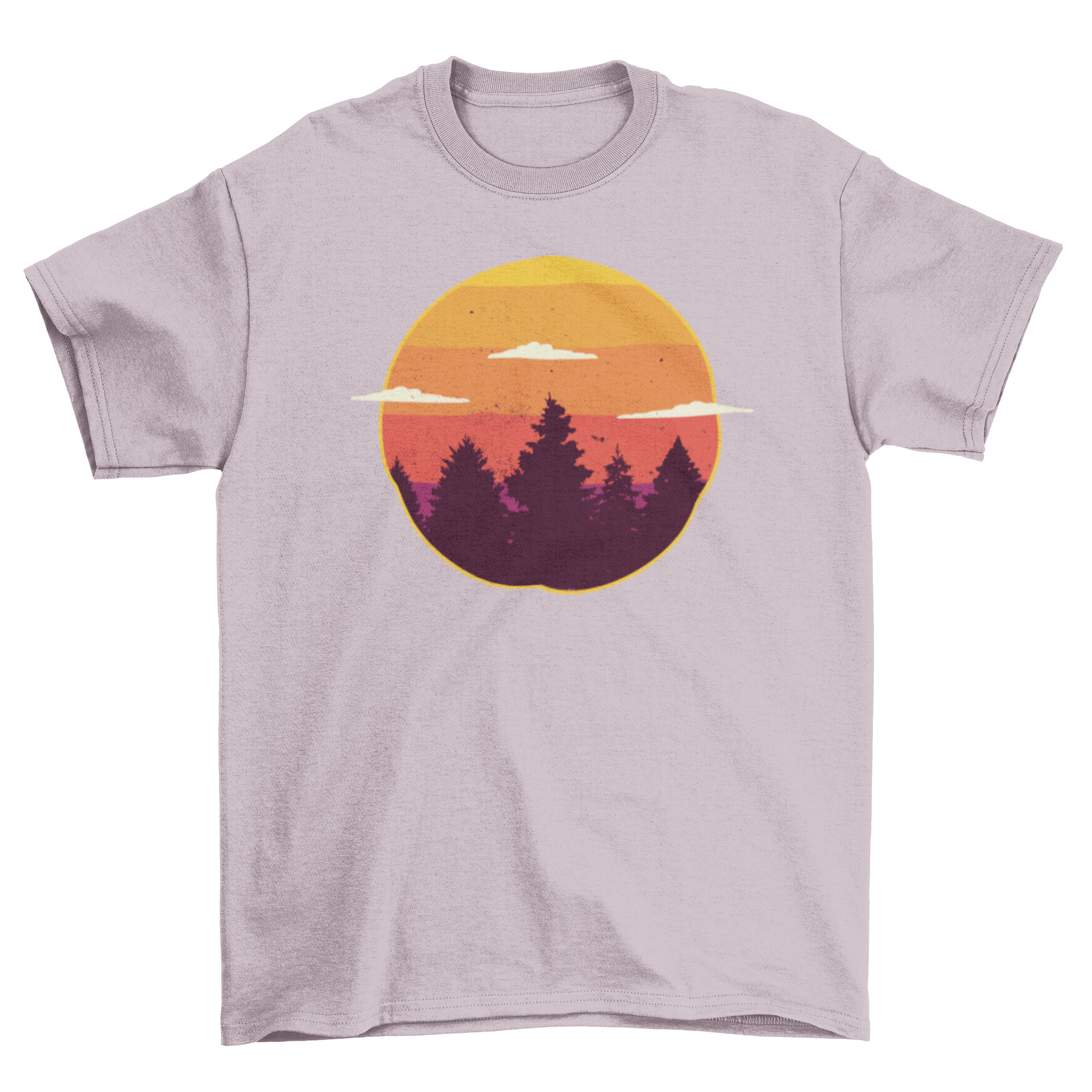 A stylish t-shirt featuring a vibrant sunset illustration over a lush forest, perfect for nature lovers.