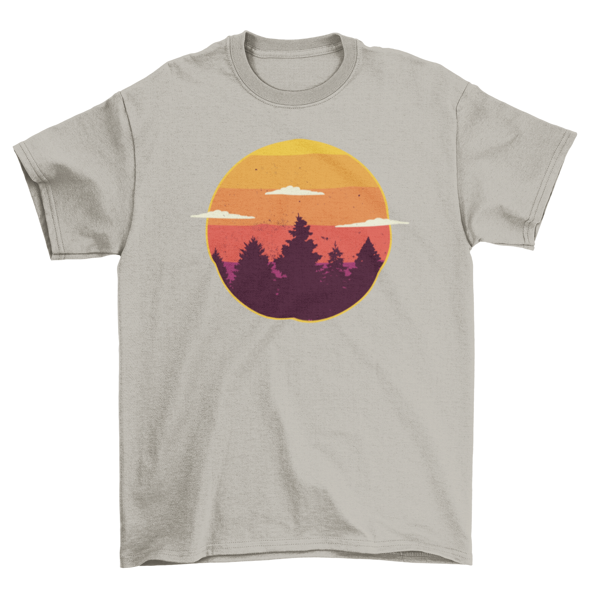 A stylish t-shirt featuring a vibrant sunset illustration over a lush forest, perfect for nature lovers.