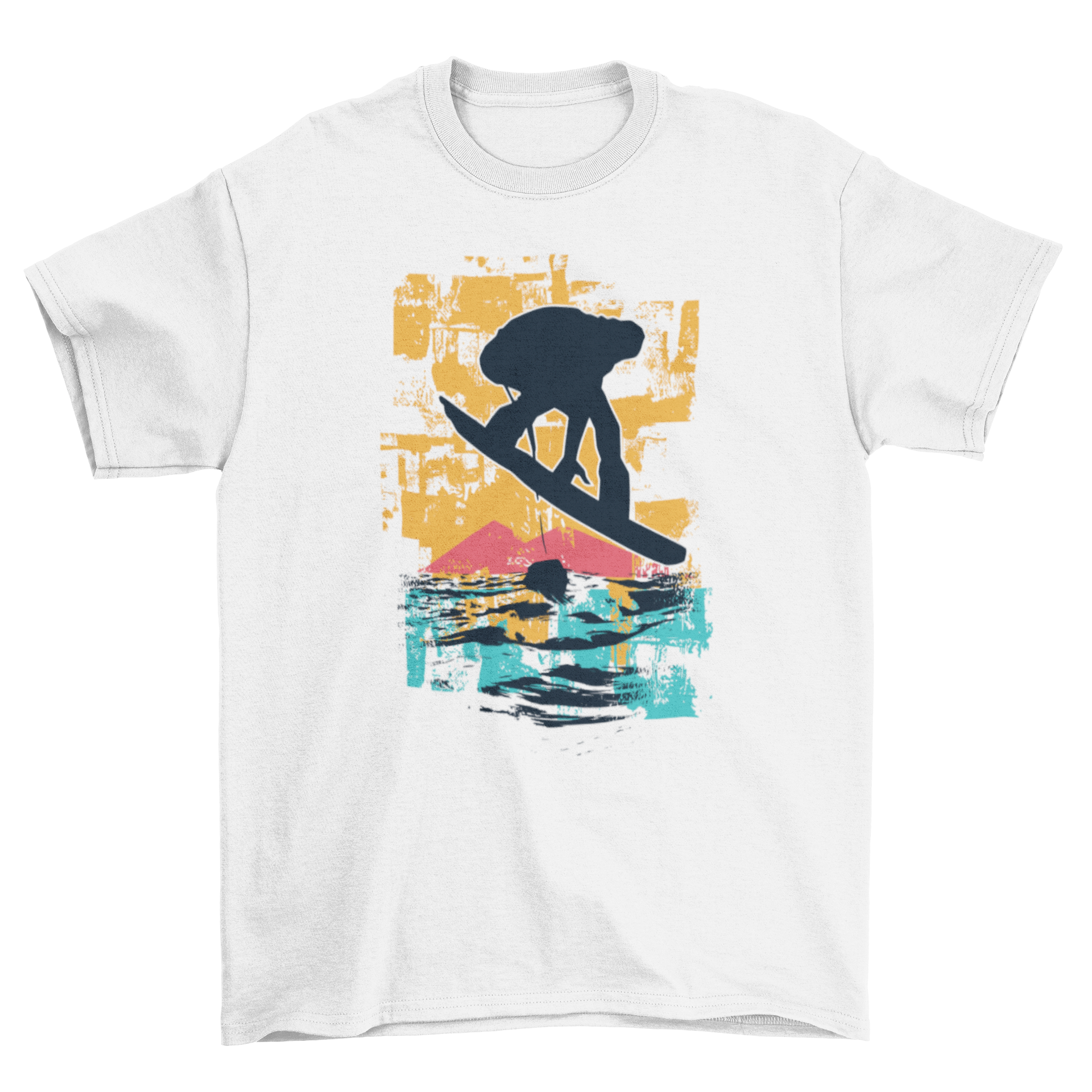 A stylish T-shirt featuring a snowboarder silhouette against a vibrant sunset design, perfect for snowboarding enthusiasts.