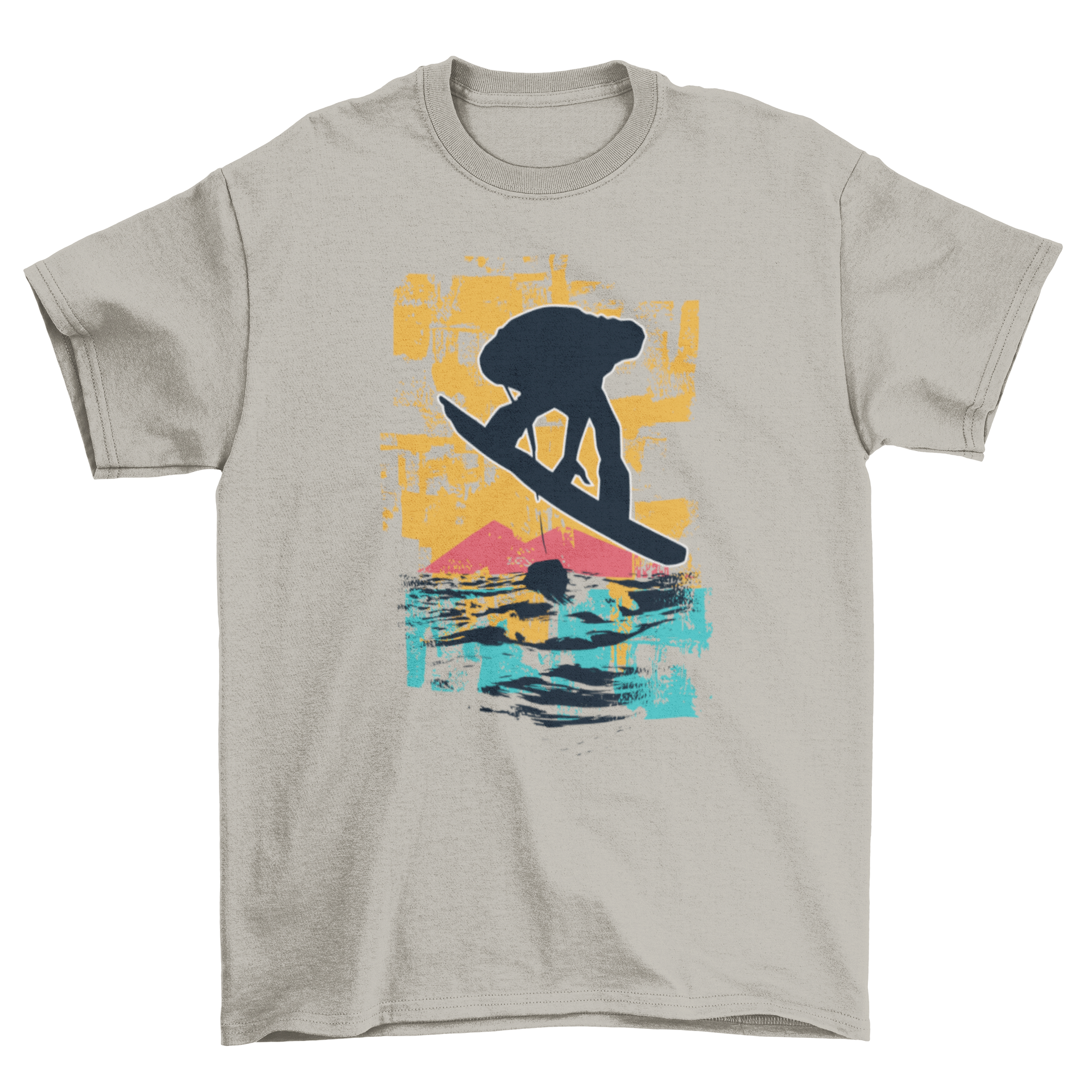 A stylish T-shirt featuring a snowboarder silhouette against a vibrant sunset design, perfect for snowboarding enthusiasts.