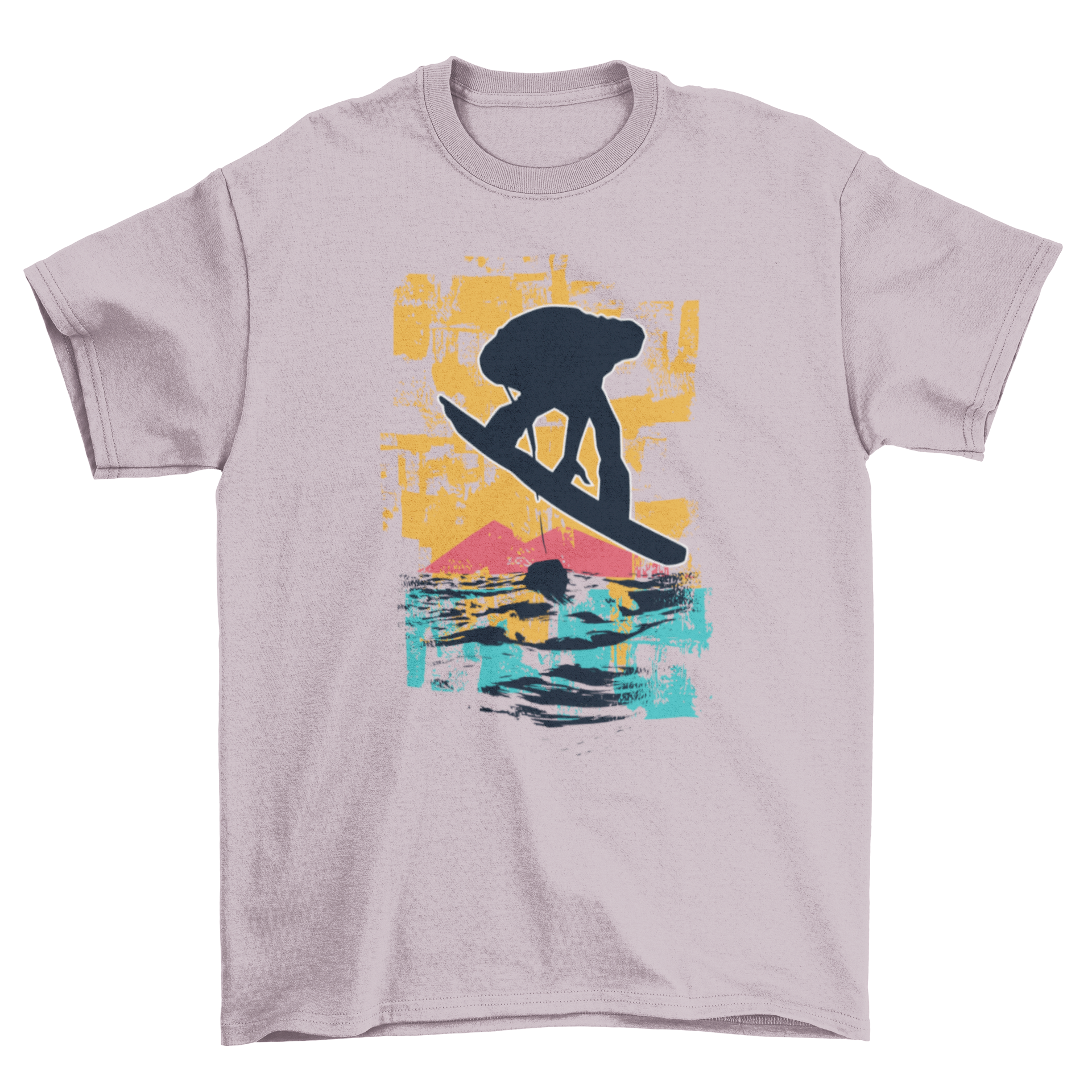 A stylish T-shirt featuring a snowboarder silhouette against a vibrant sunset design, perfect for snowboarding enthusiasts.