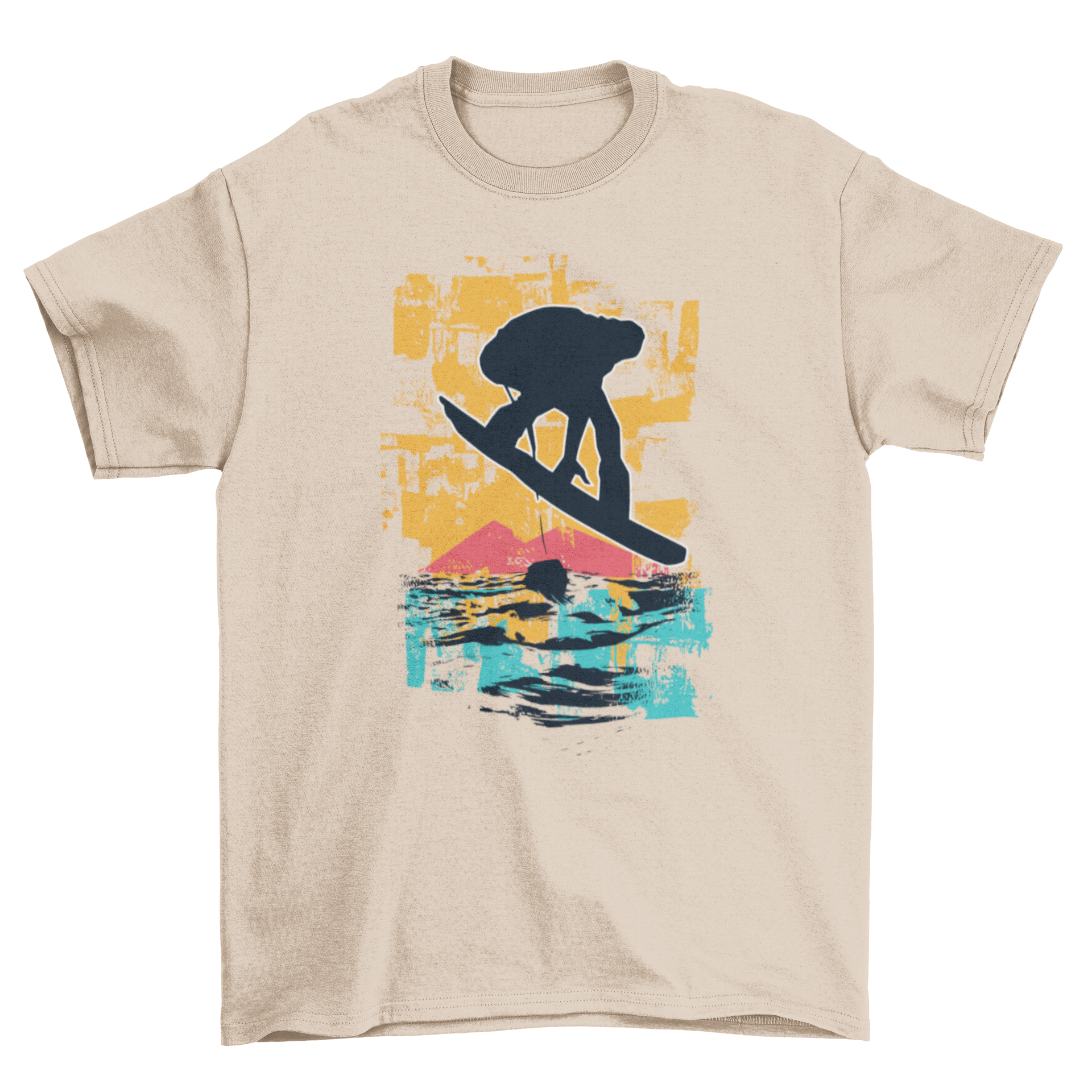 A stylish T-shirt featuring a snowboarder silhouette against a vibrant sunset design, perfect for snowboarding enthusiasts.