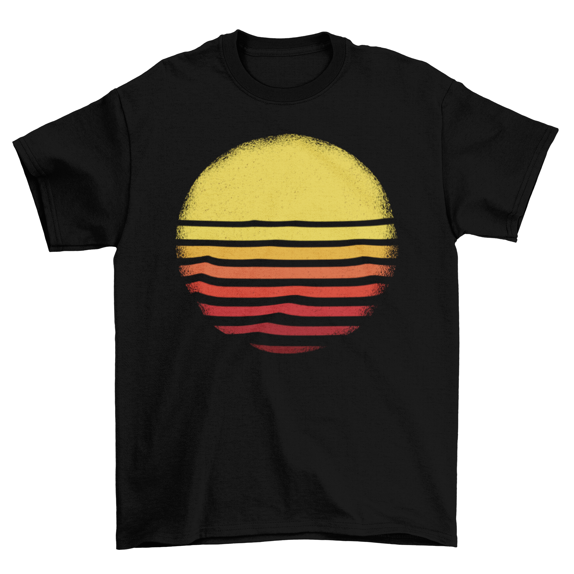 A nature-themed t-shirt featuring a vibrant sunset illustration in warm colors.