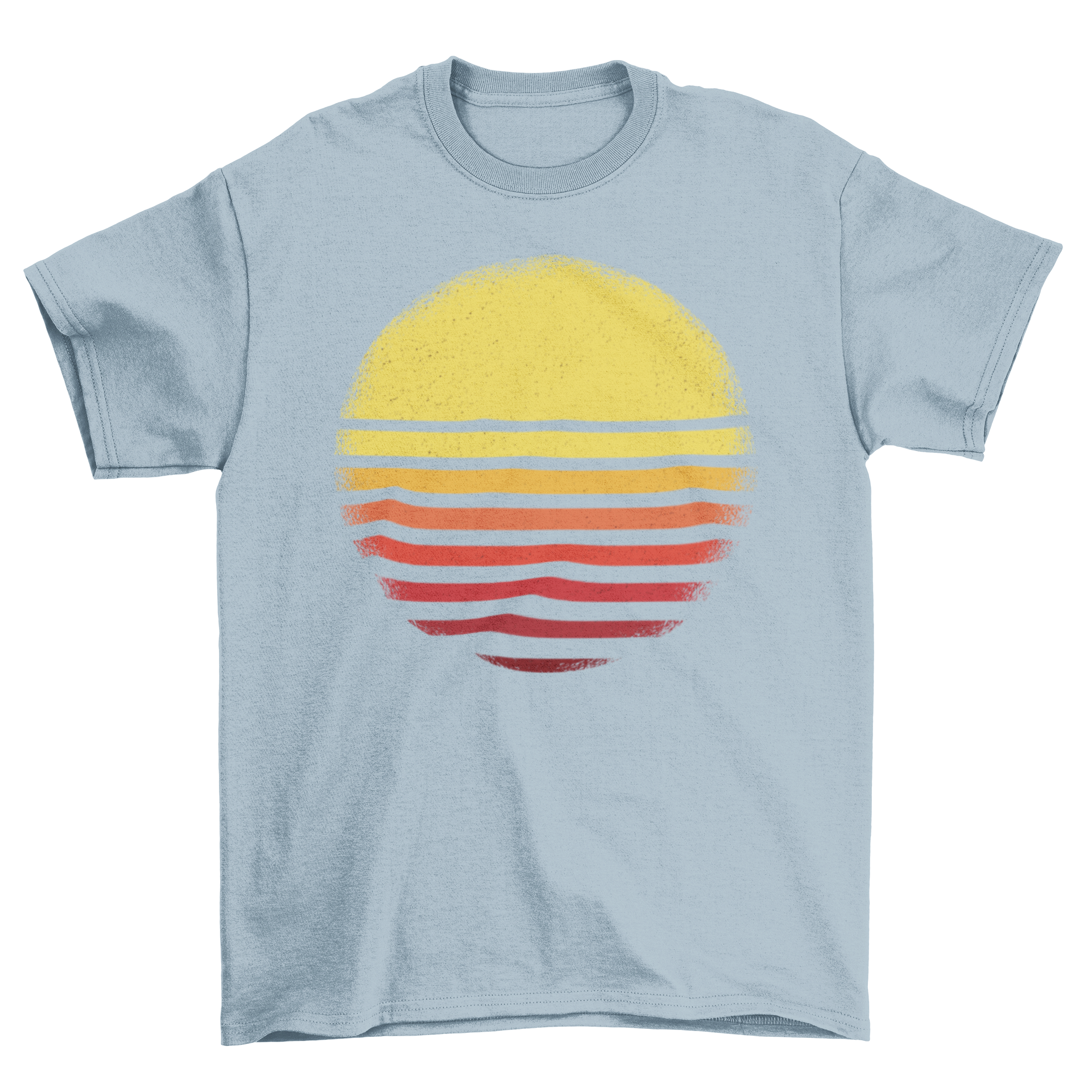 A nature-themed t-shirt featuring a vibrant sunset illustration in warm colors.