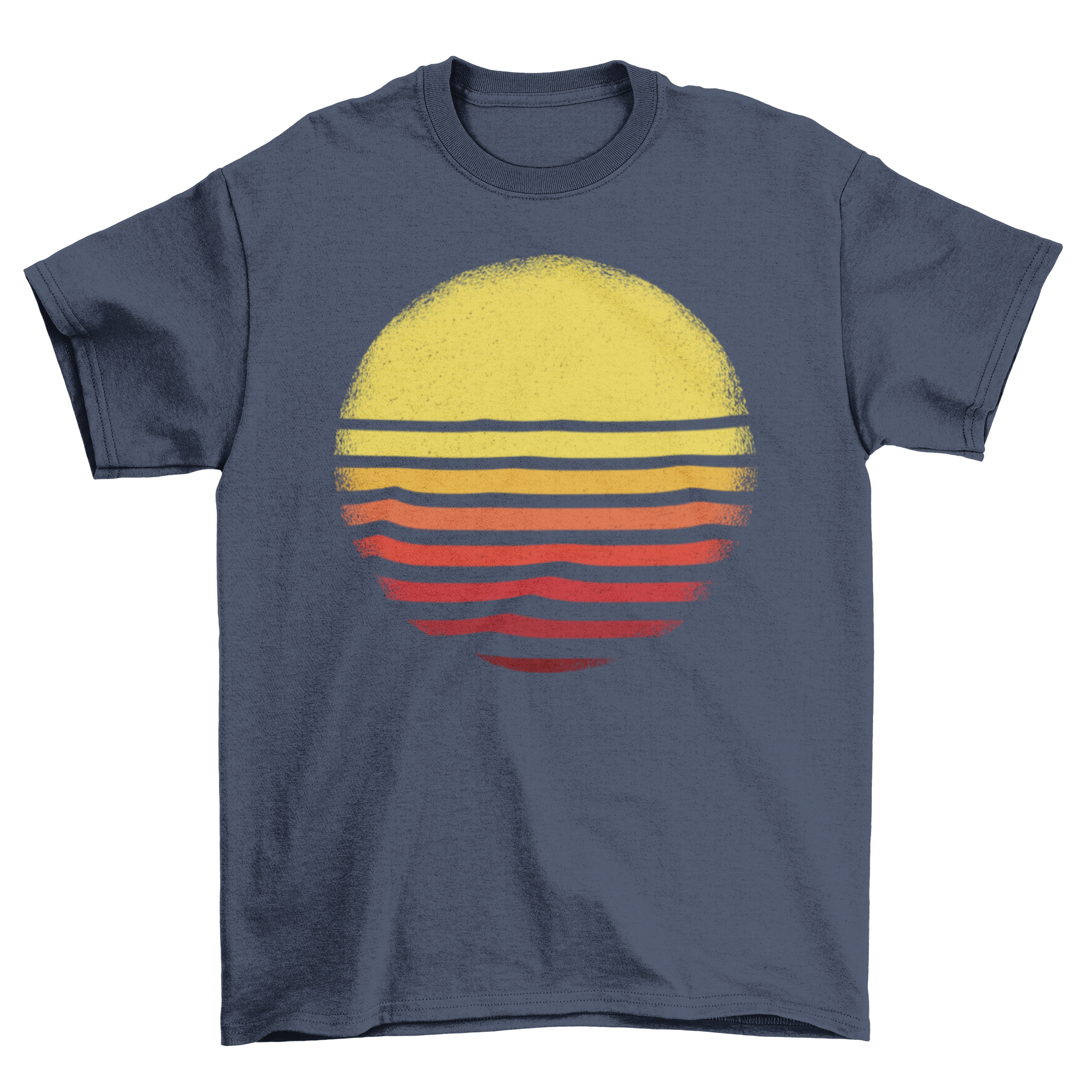 A nature-themed t-shirt featuring a vibrant sunset illustration in warm colors.