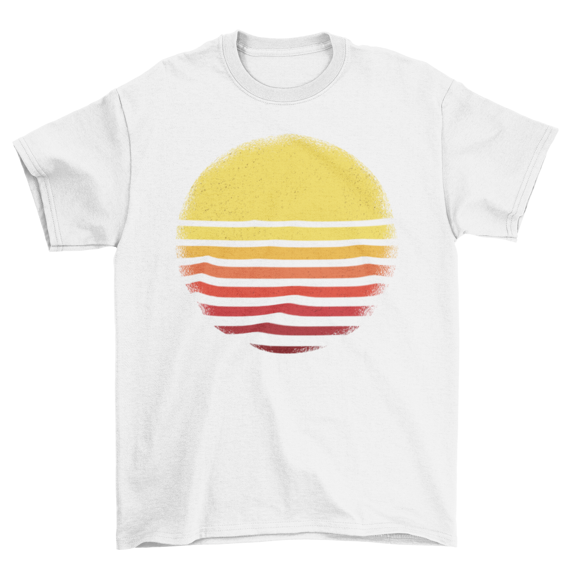 A nature-themed t-shirt featuring a vibrant sunset illustration in warm colors.