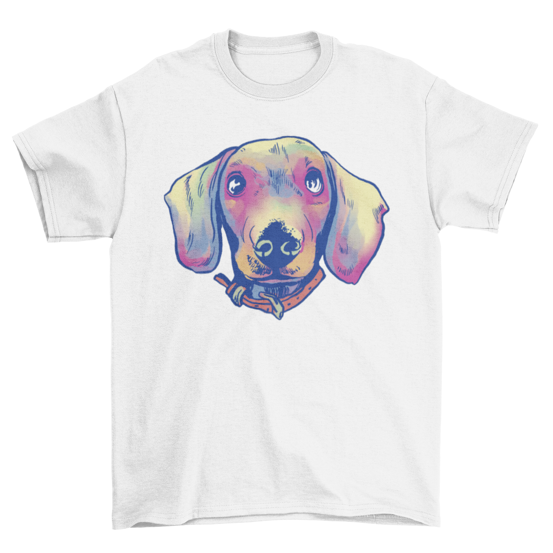 A vibrant watercolor illustration of a dachshund puppy face on a soft t-shirt, showcasing its adorable features.