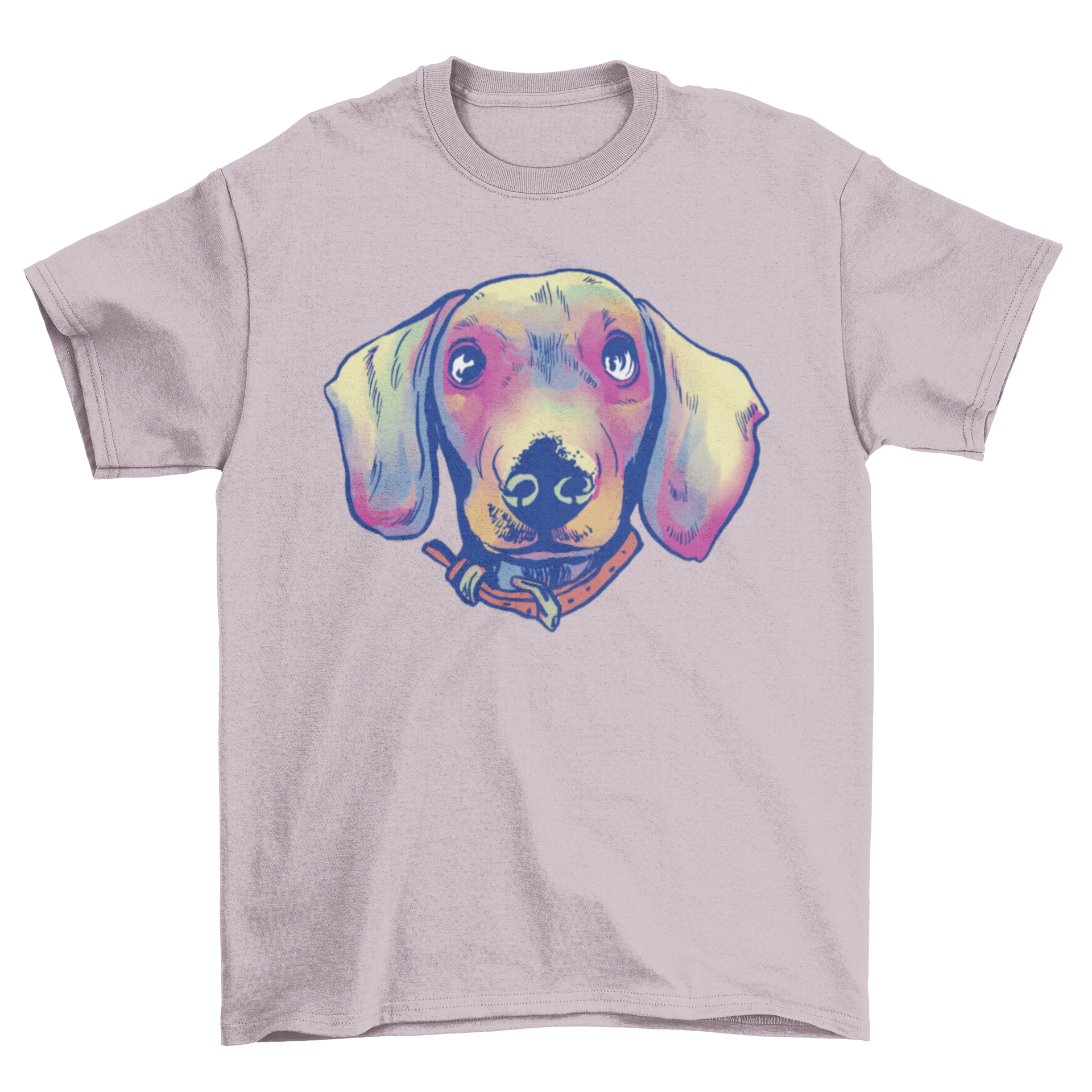 A vibrant watercolor illustration of a dachshund puppy face on a soft t-shirt, showcasing its adorable features.