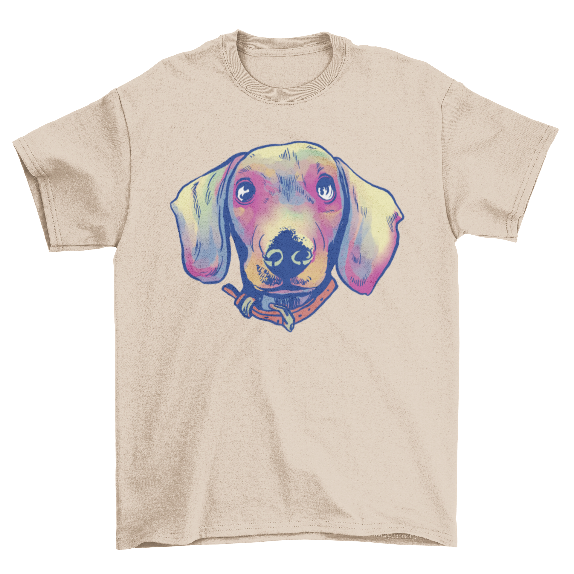 A vibrant watercolor illustration of a dachshund puppy face on a soft t-shirt, showcasing its adorable features.