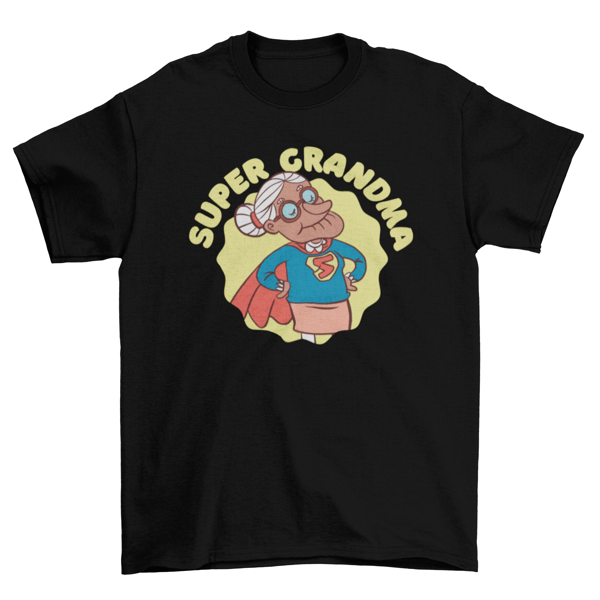 A fun t-shirt featuring an elderly lady in a superhero cape with the quote 'Super Grandma'.