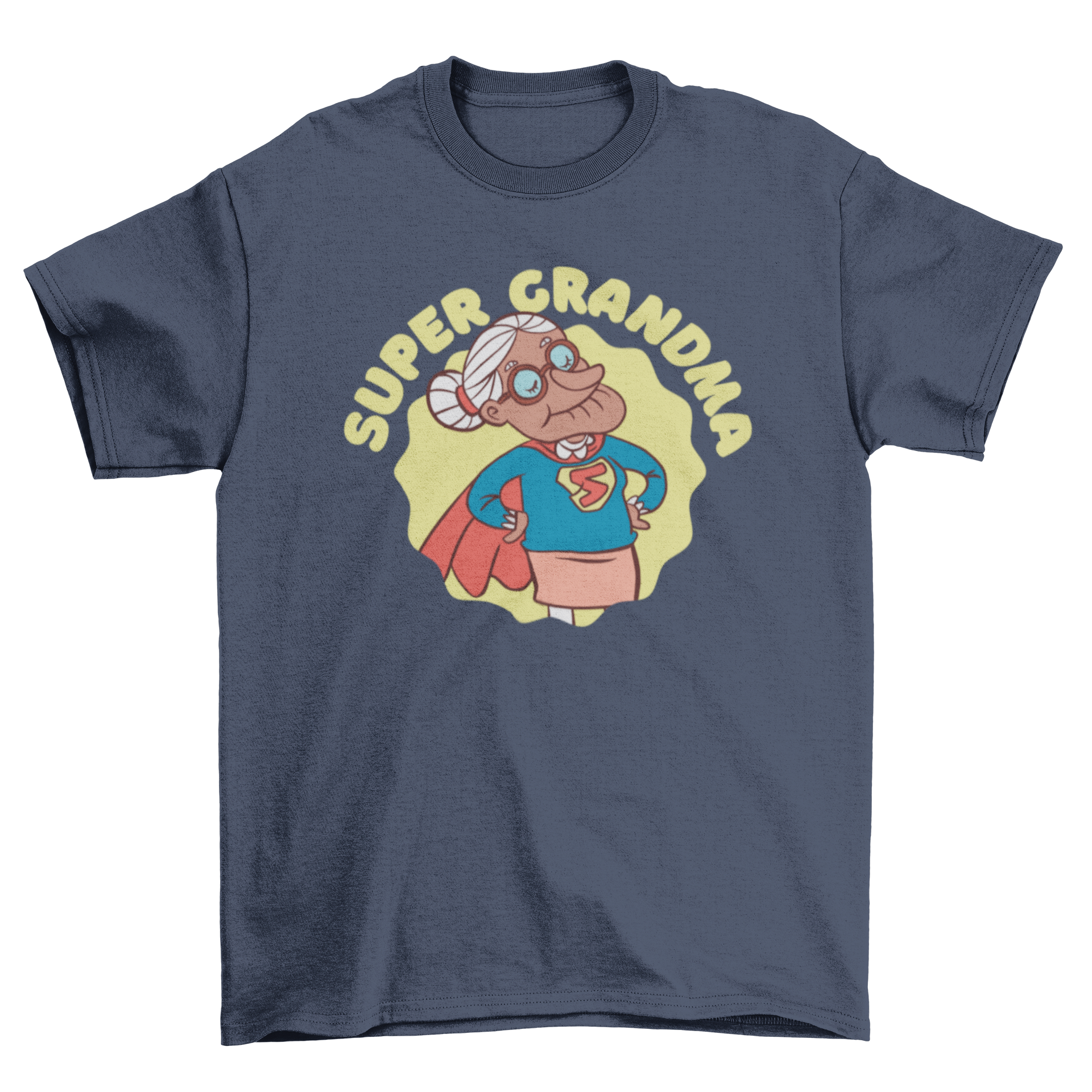 A fun t-shirt featuring an elderly lady in a superhero cape with the quote 'Super Grandma'.