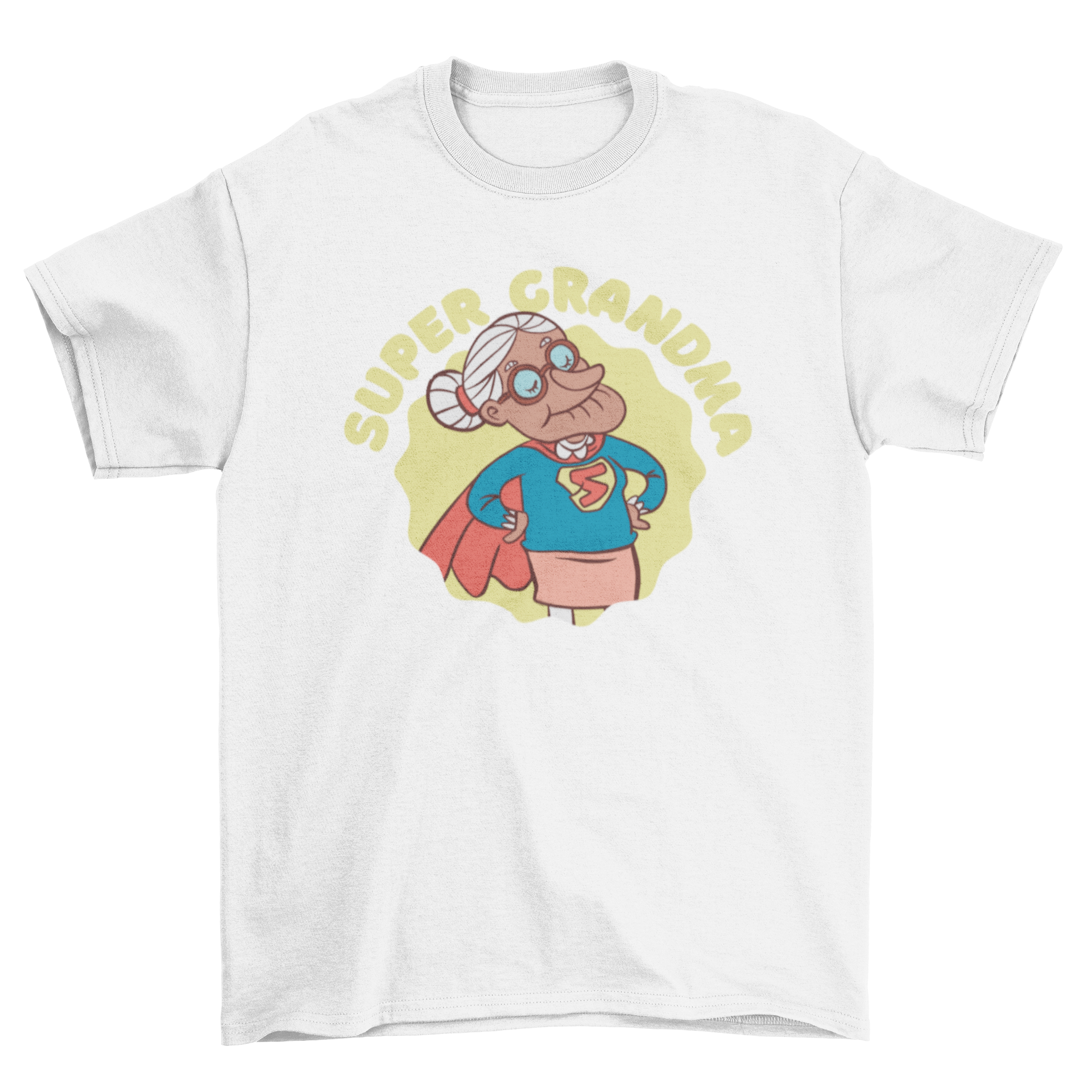 A fun t-shirt featuring an elderly lady in a superhero cape with the quote 'Super Grandma'.