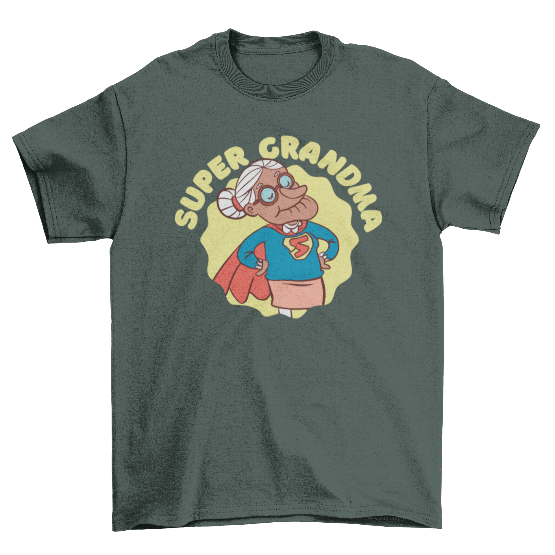 A fun t-shirt featuring an elderly lady in a superhero cape with the quote 'Super Grandma'.