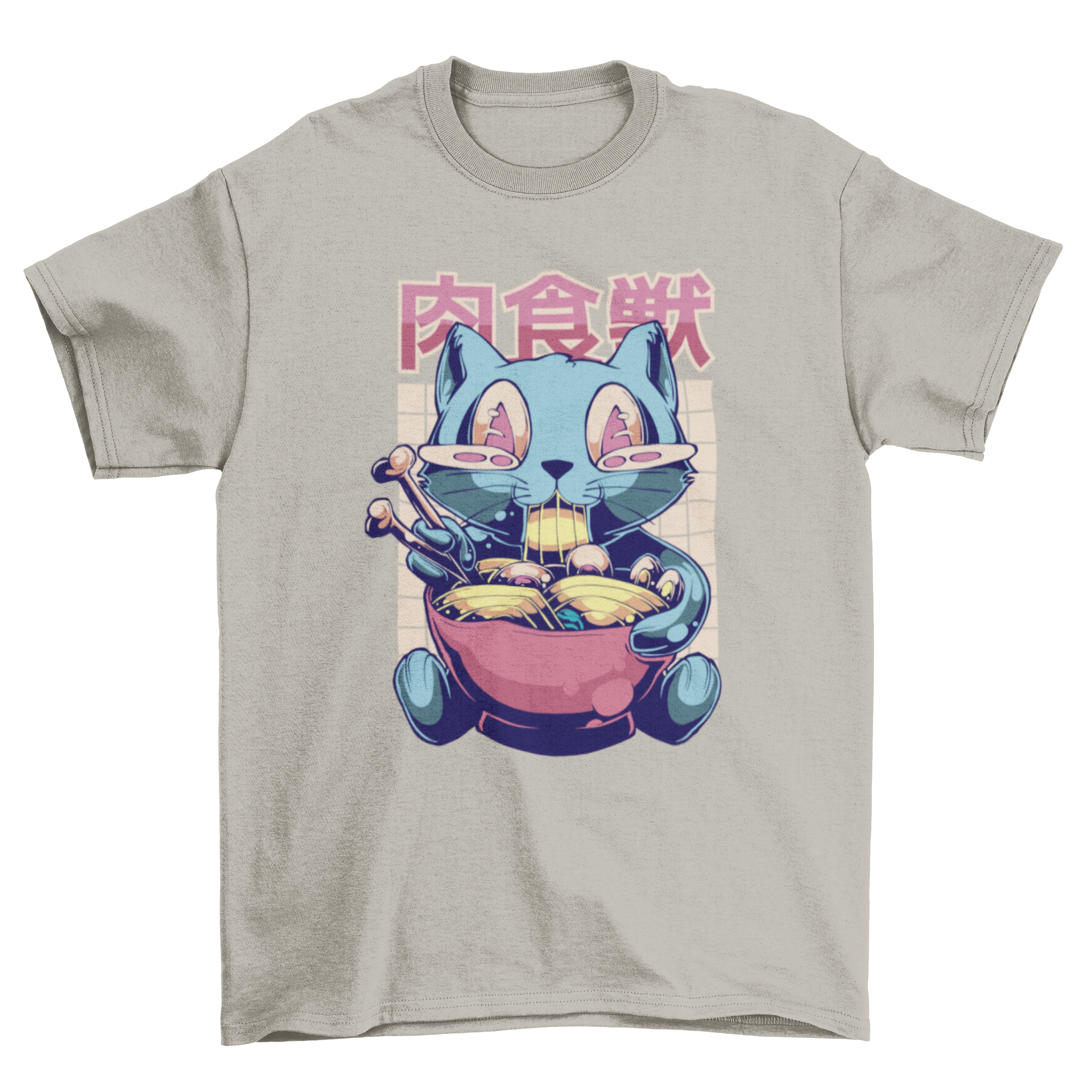 A playful t-shirt featuring a happy cat eating ramen on a gridded background, perfect for cat lovers.