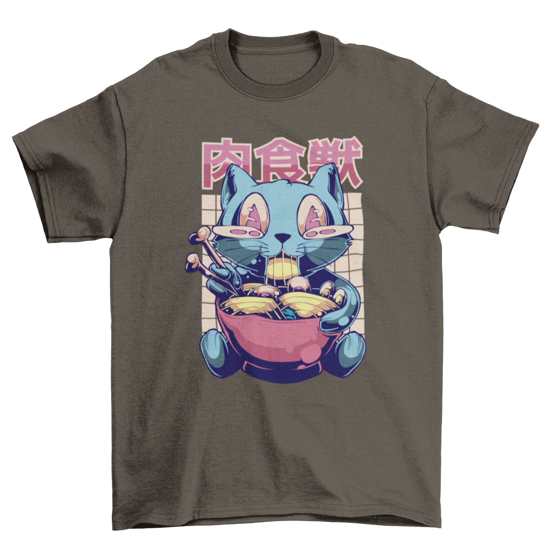 A playful t-shirt featuring a happy cat eating ramen on a gridded background, perfect for cat lovers.