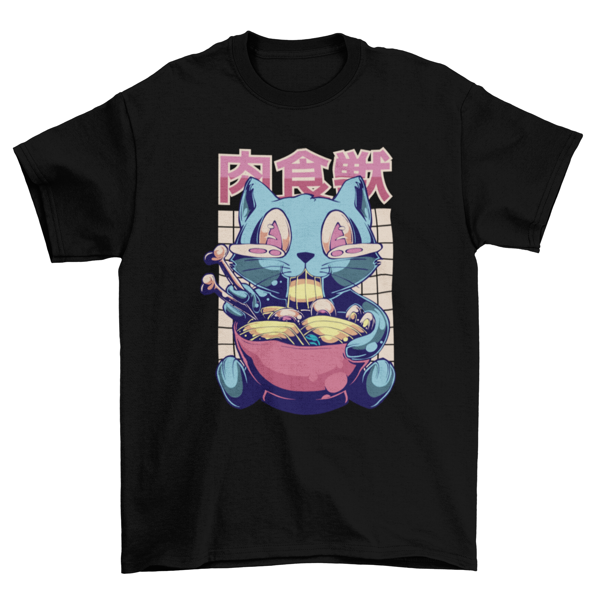 A playful t-shirt featuring a happy cat eating ramen on a gridded background, perfect for cat lovers.