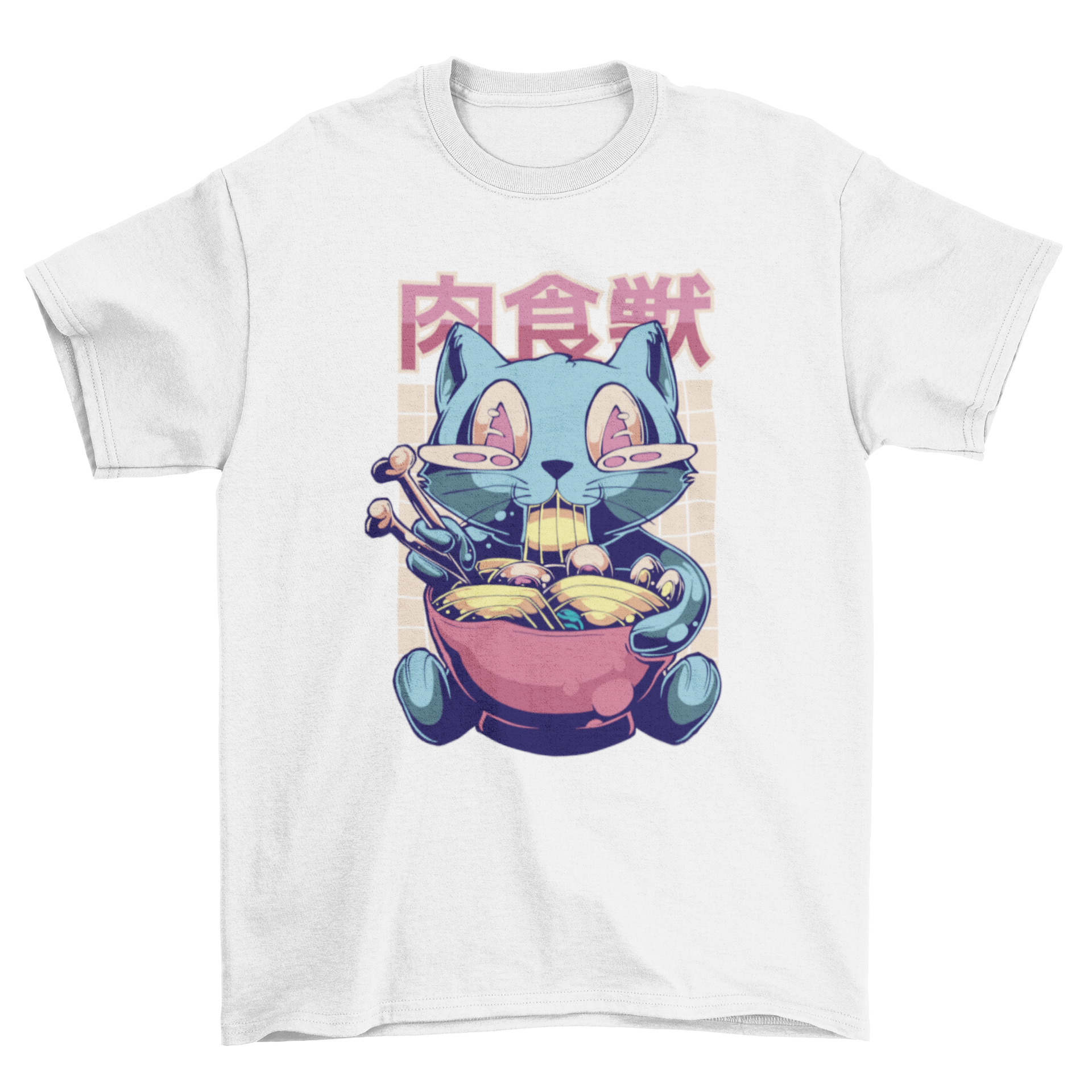 A playful t-shirt featuring a happy cat eating ramen on a gridded background, perfect for cat lovers.