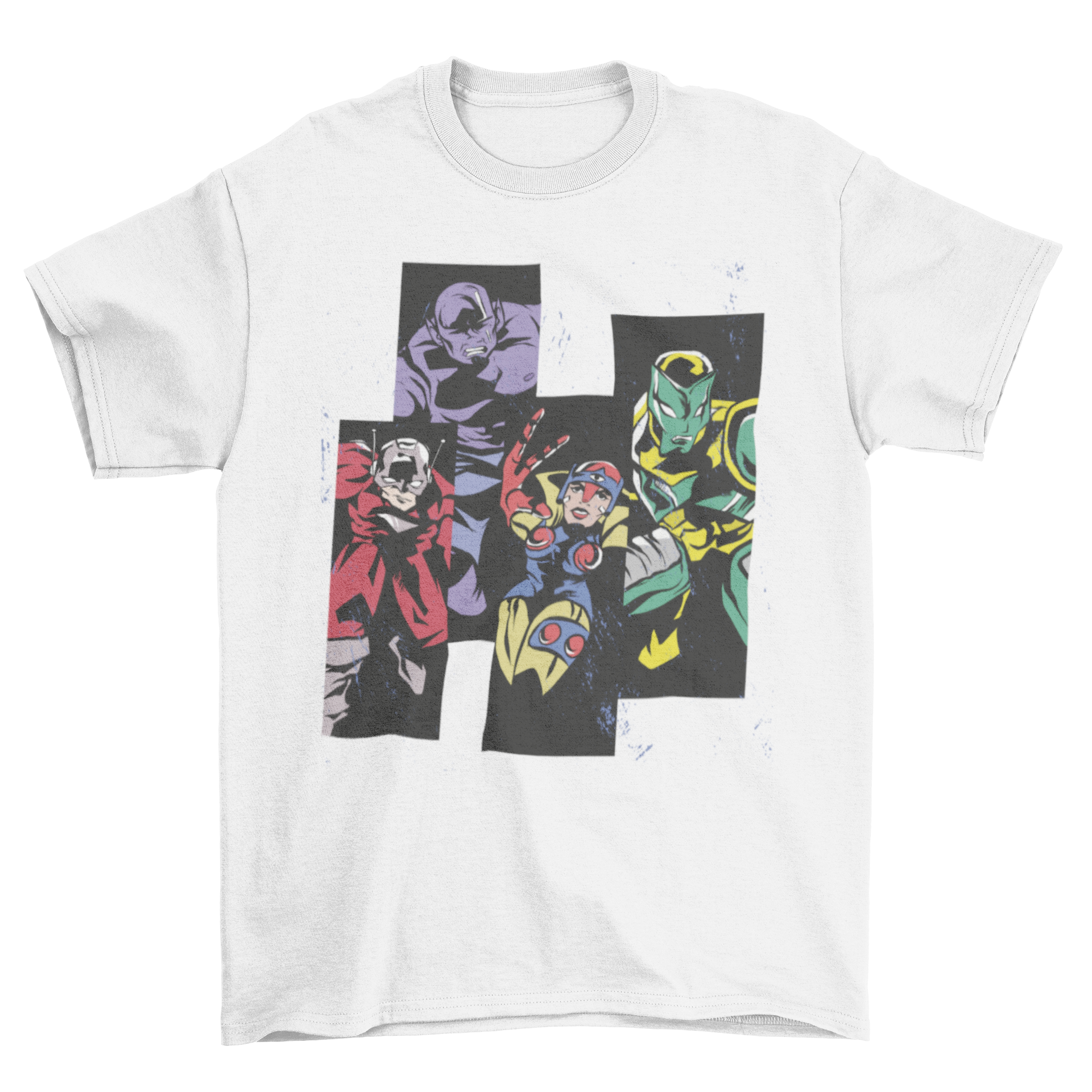 Super Heroes T-Shirt featuring four superheroes in colorful costumes, perfect for fans of comic books.