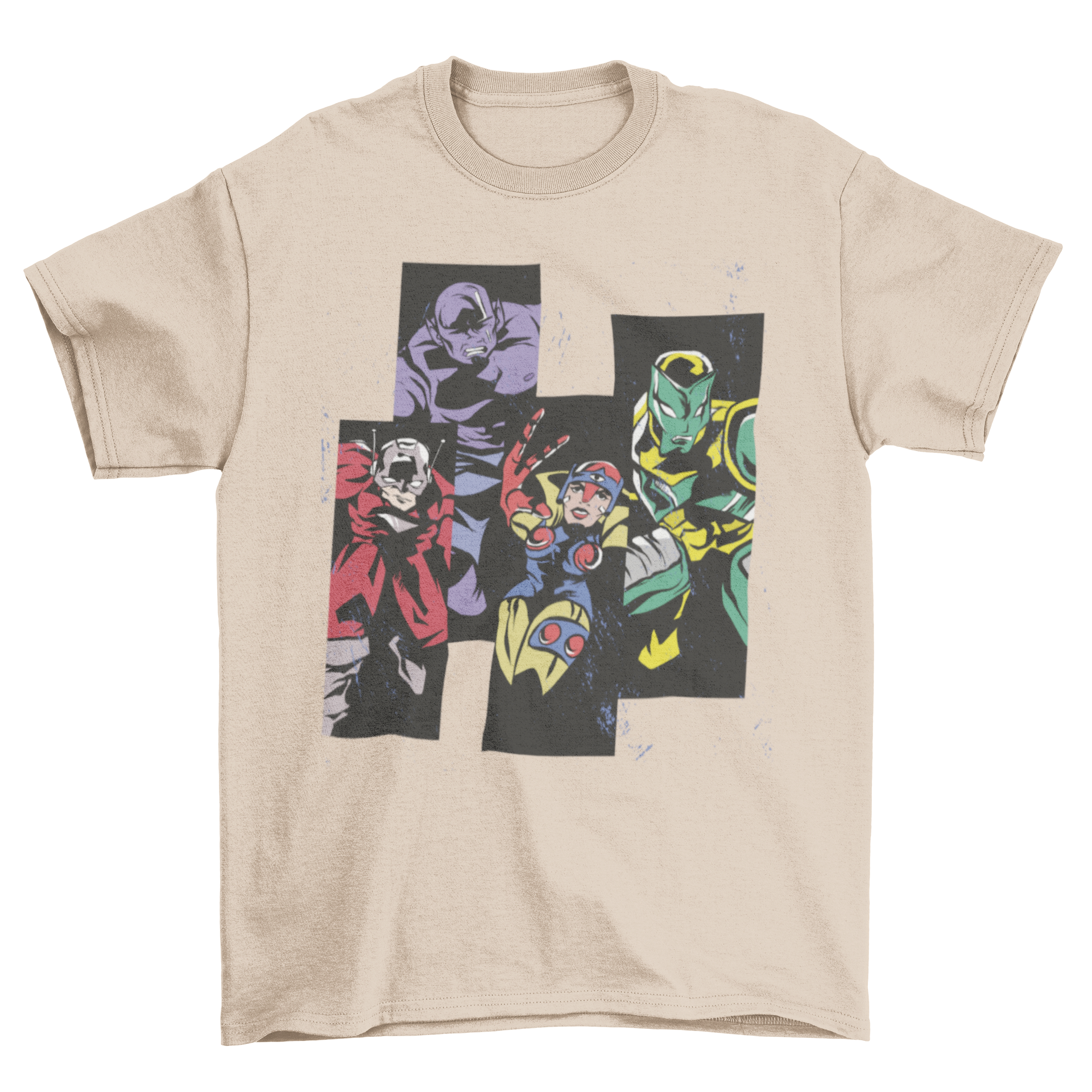 Super Heroes T-Shirt featuring four superheroes in colorful costumes, perfect for fans of comic books.