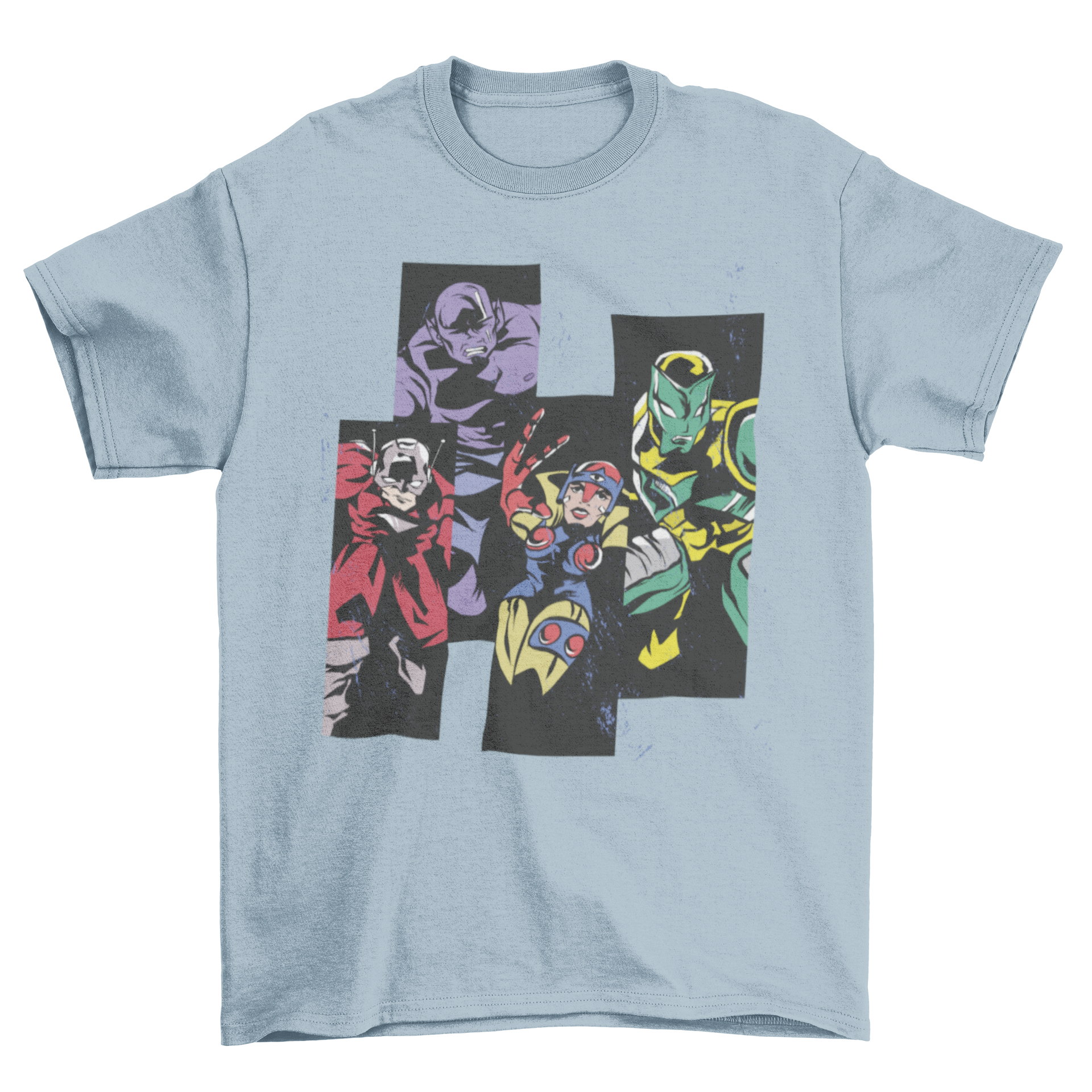 Super Heroes T-Shirt featuring four superheroes in colorful costumes, perfect for fans of comic books.