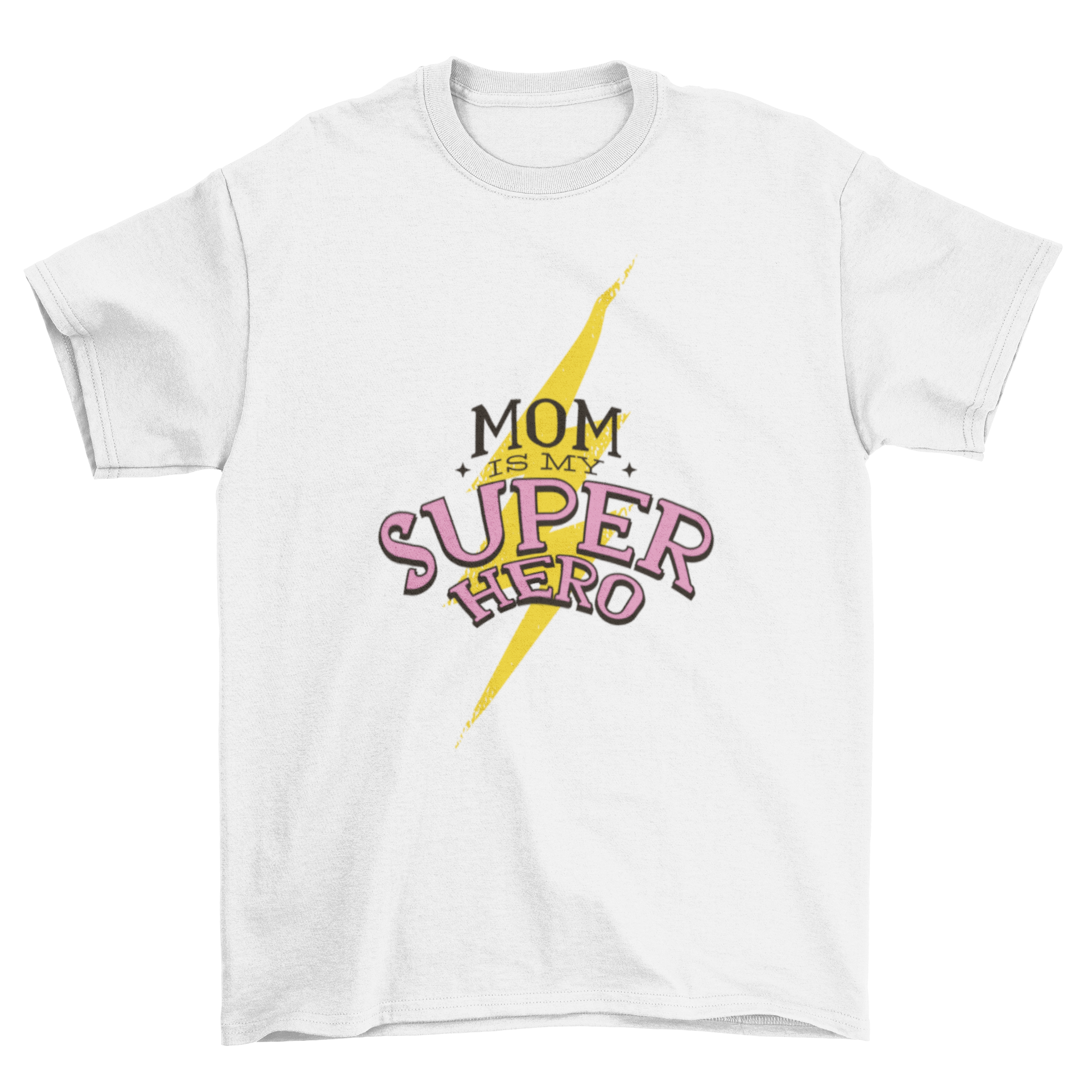 Super Mom T-shirt featuring the quote 'Mom is my superhero' with a colorful lightning bolt background.