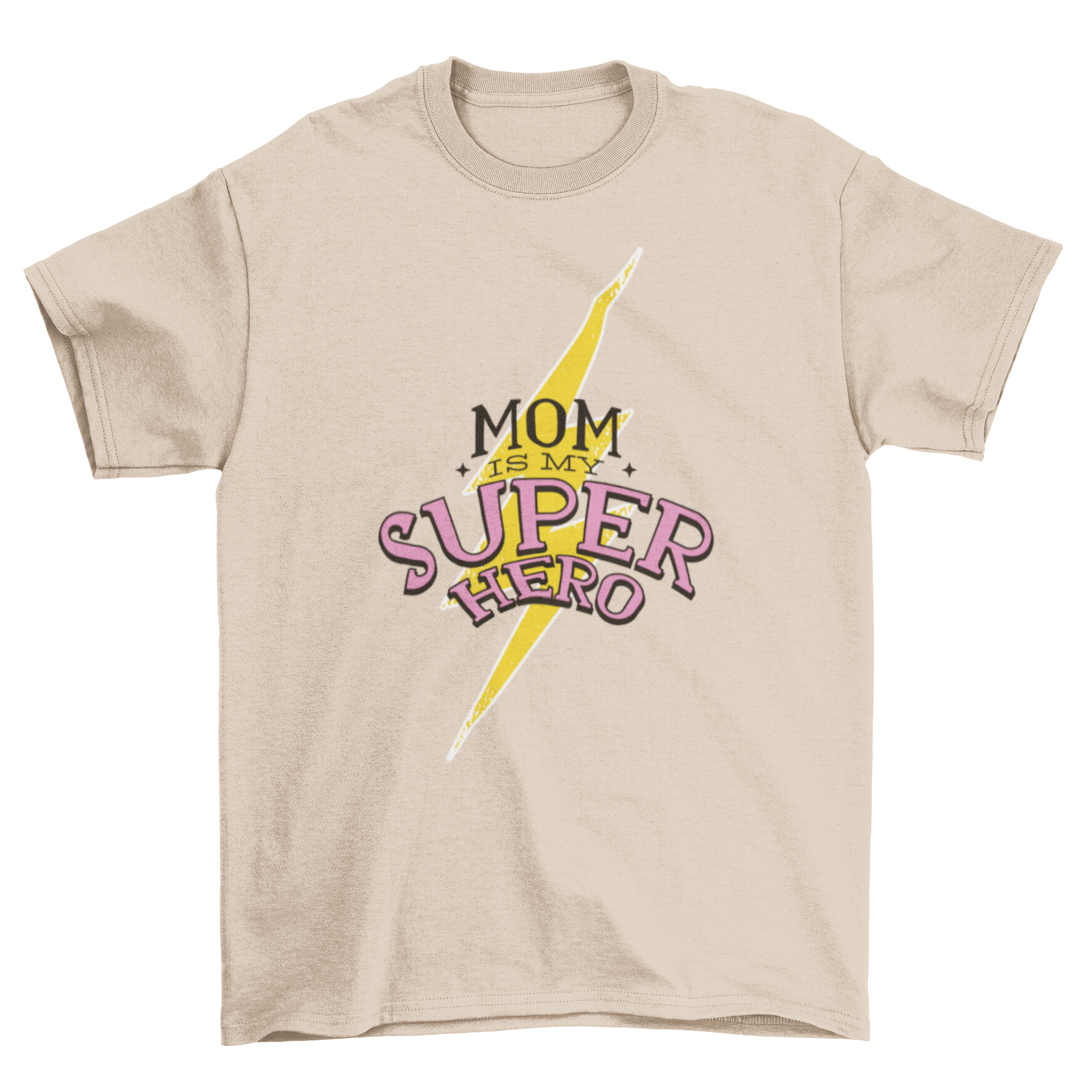 Super Mom T-shirt featuring the quote 'Mom is my superhero' with a colorful lightning bolt background.