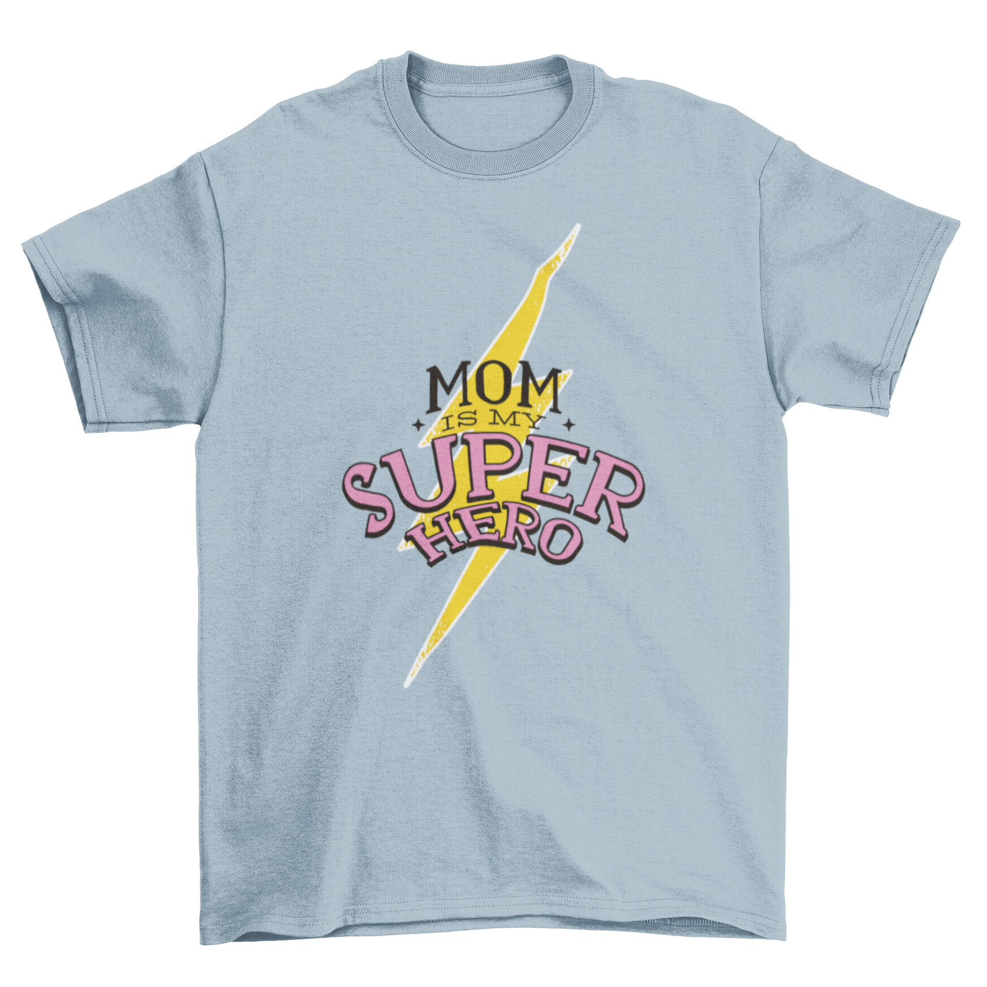 Super Mom T-shirt featuring the quote 'Mom is my superhero' with a colorful lightning bolt background.