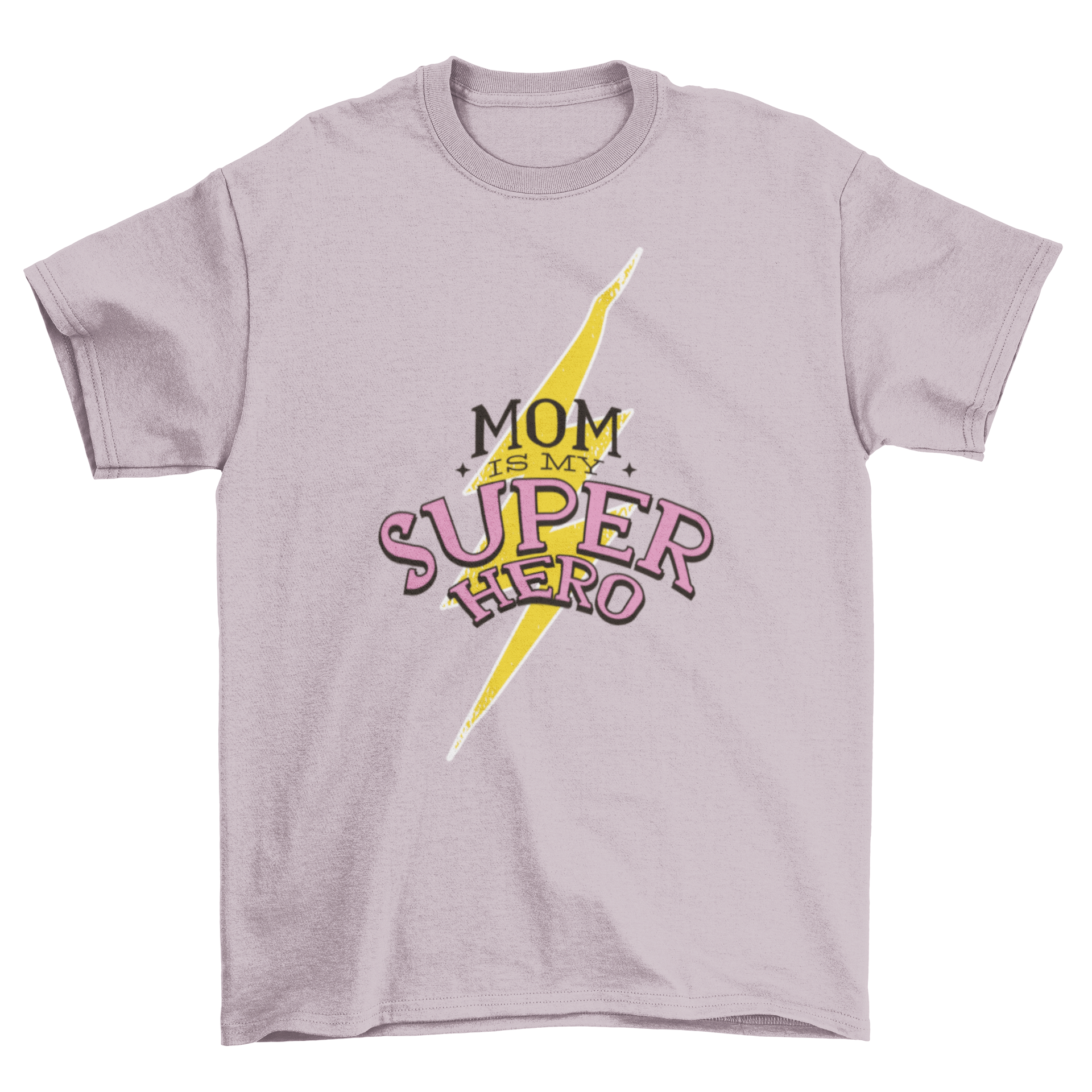 Super Mom T-shirt featuring the quote 'Mom is my superhero' with a colorful lightning bolt background.