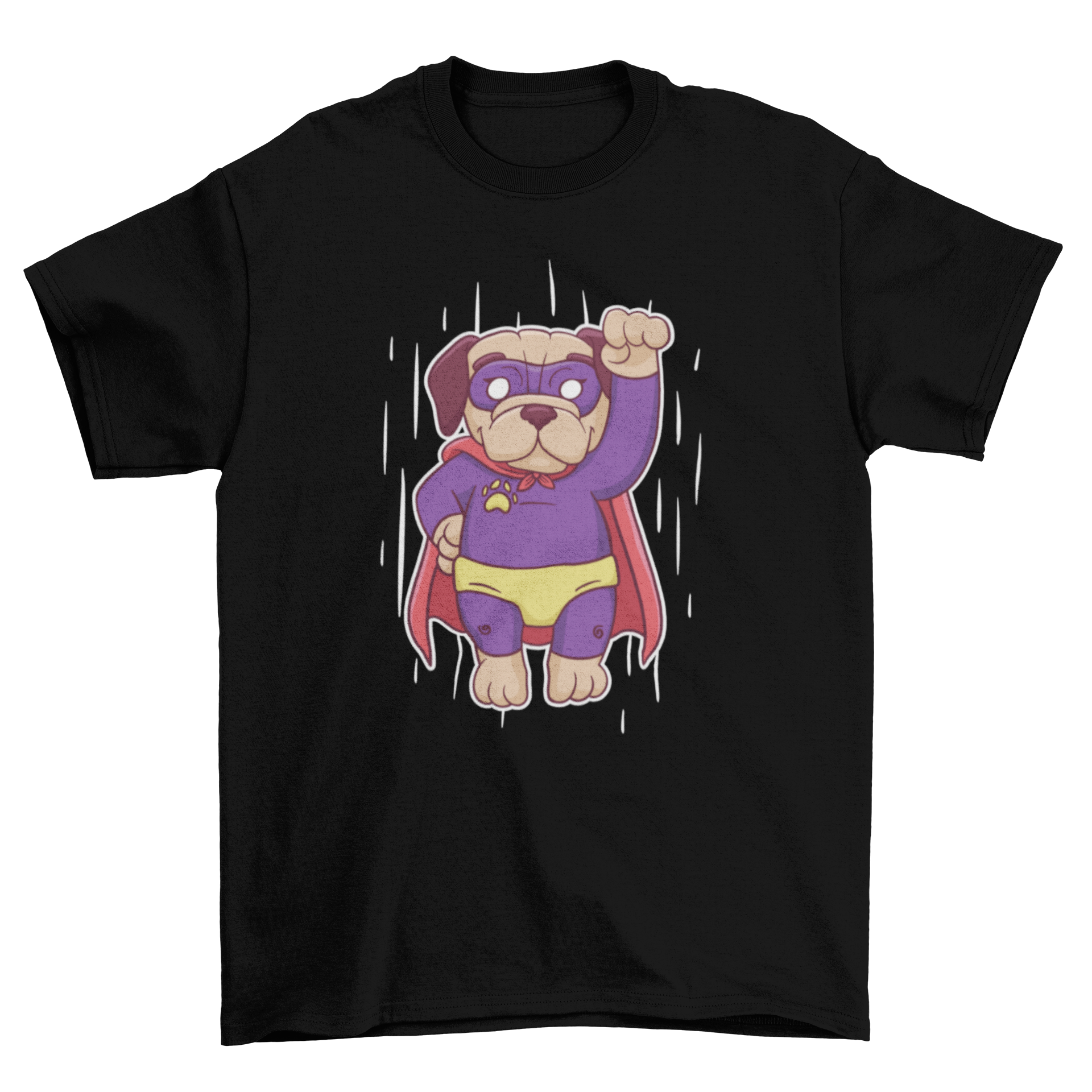 A vibrant t-shirt featuring a pug dressed in a superhero suit, showcasing a playful design.