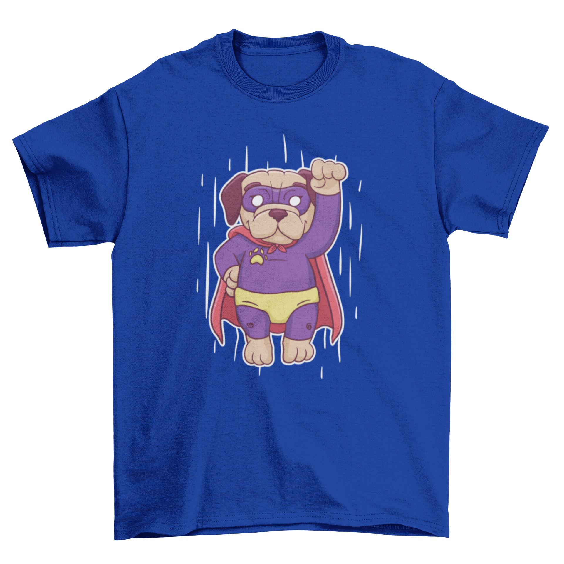 A vibrant t-shirt featuring a pug dressed in a superhero suit, showcasing a playful design.