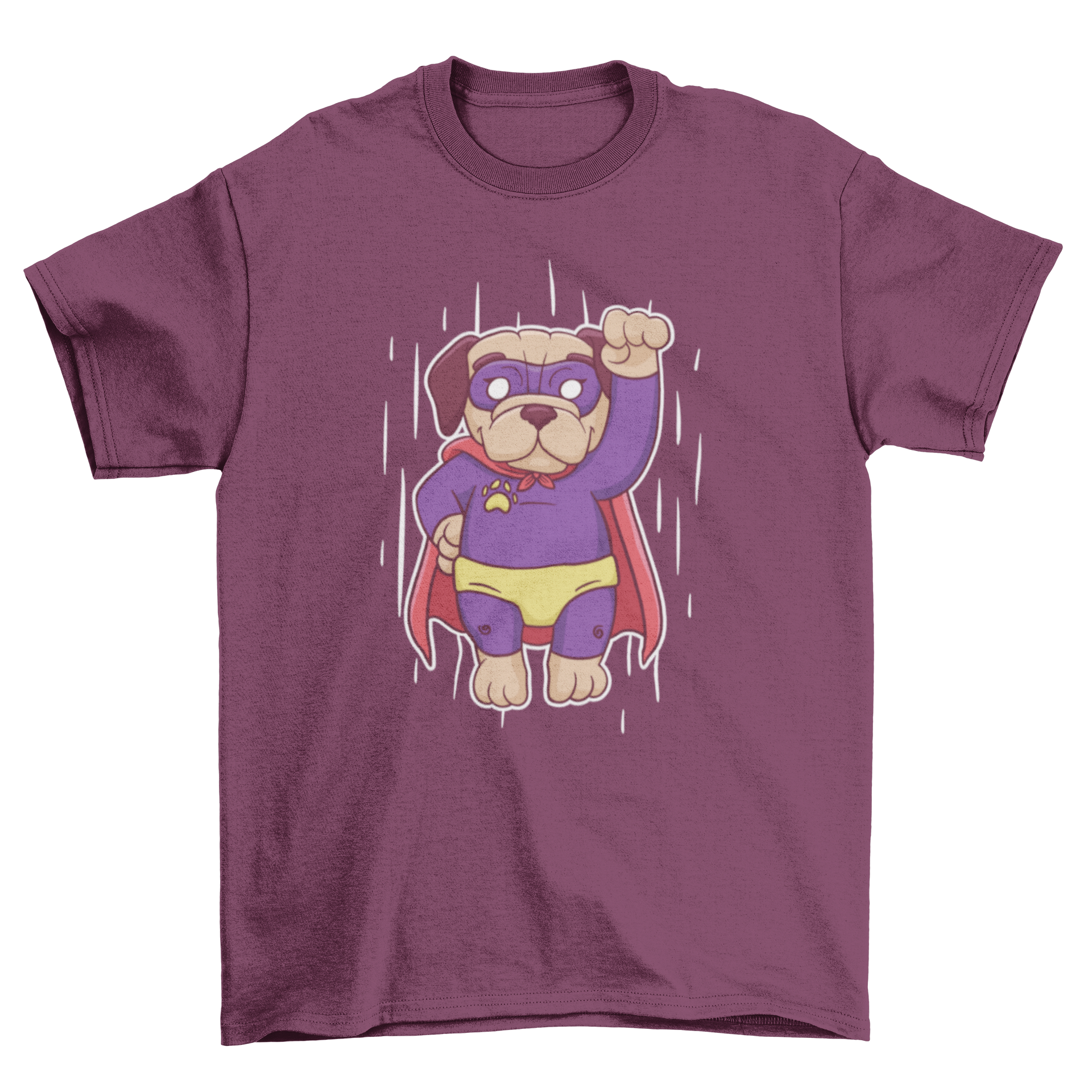 A vibrant t-shirt featuring a pug dressed in a superhero suit, showcasing a playful design.