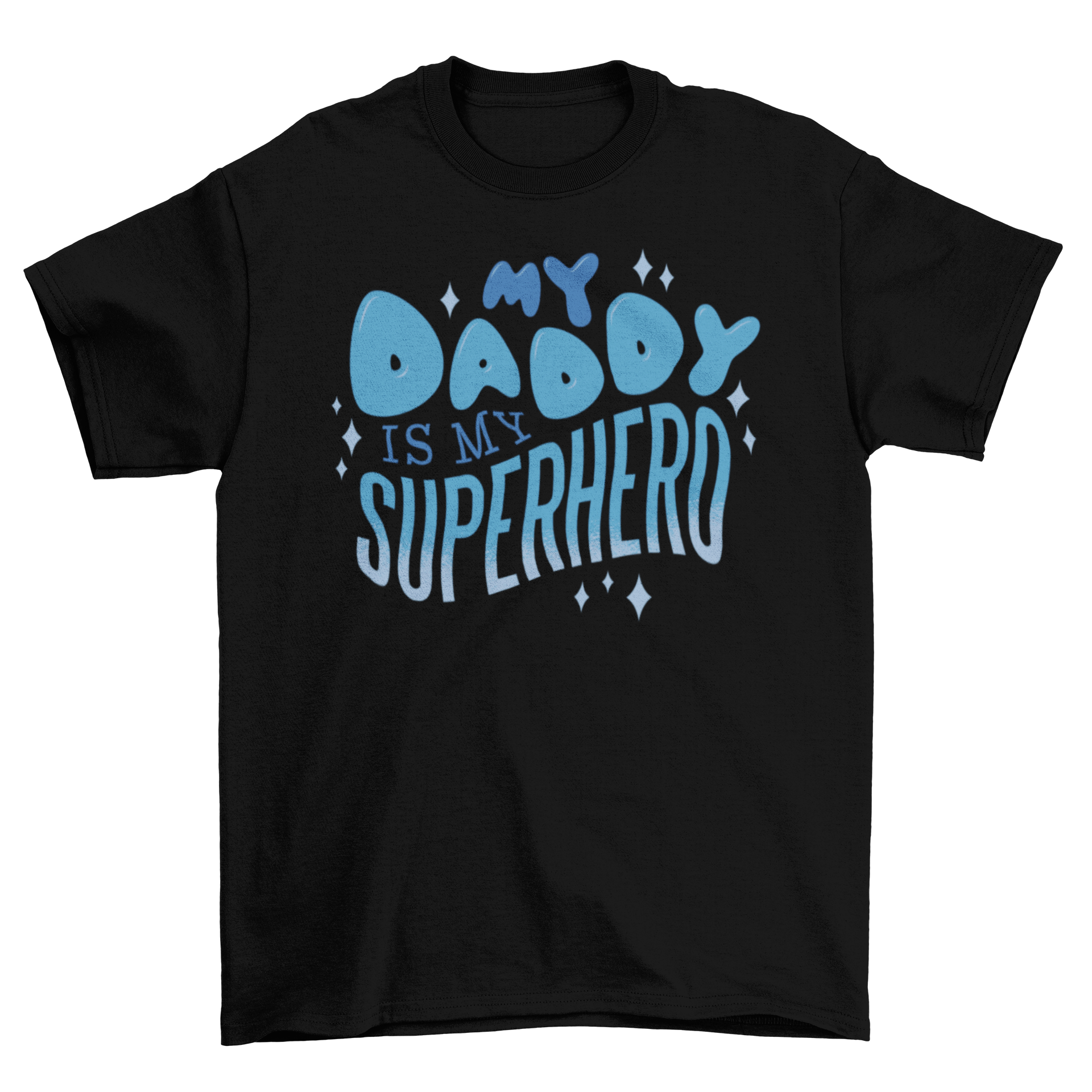 A cute t-shirt for kids featuring the quote 'My daddy is my superhero' in playful typography.