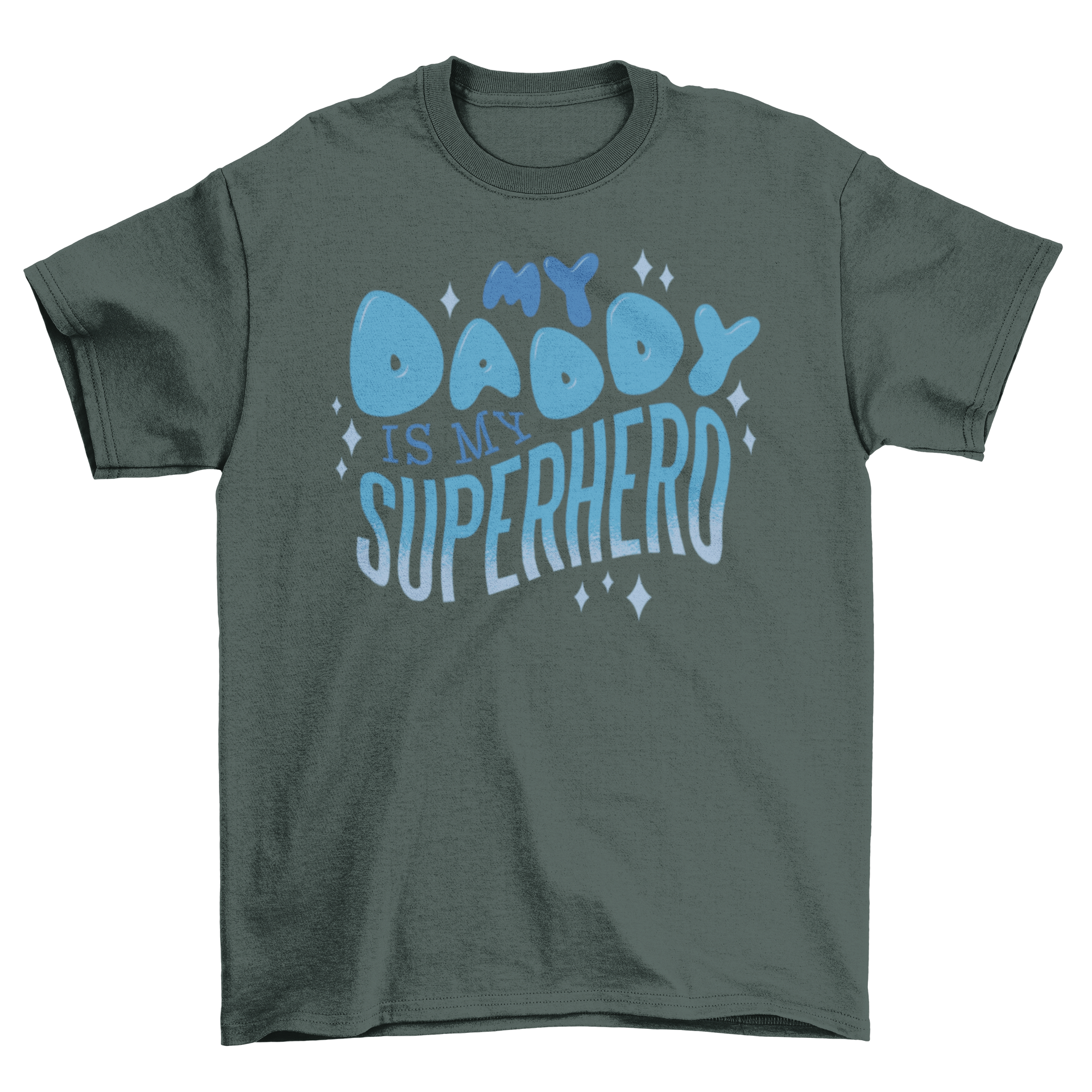 A cute t-shirt for kids featuring the quote 'My daddy is my superhero' in playful typography.