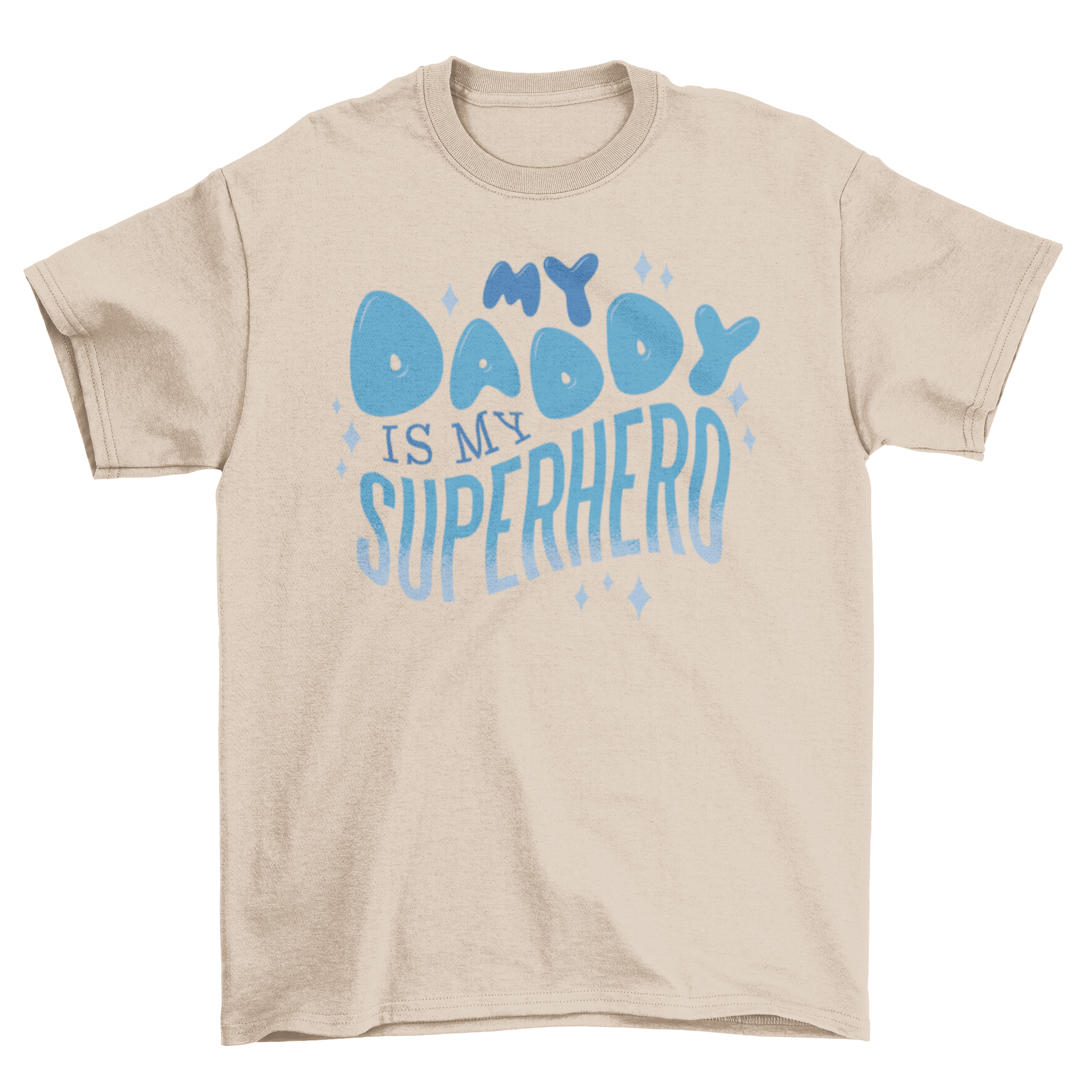 A cute t-shirt for kids featuring the quote 'My daddy is my superhero' in playful typography.