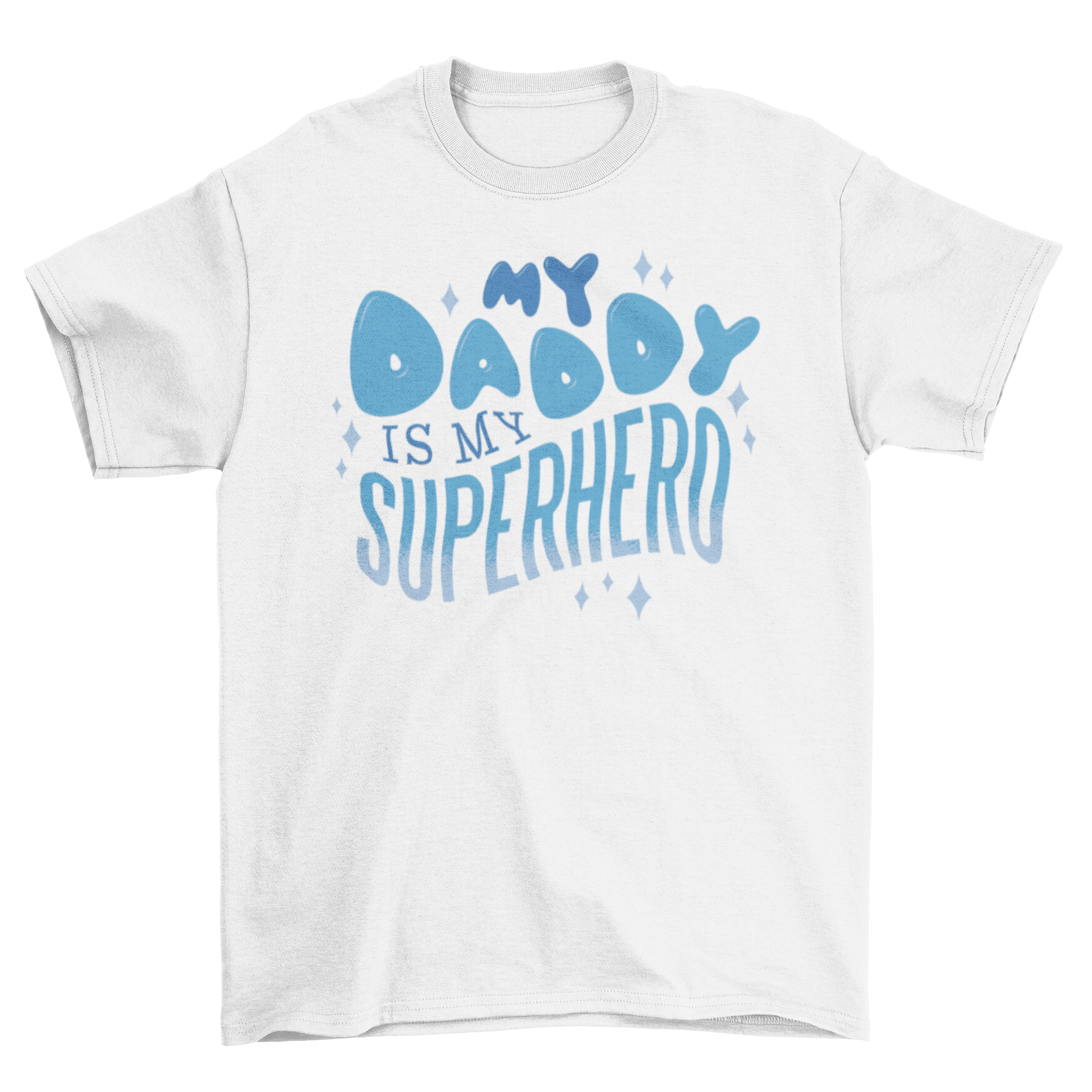 A cute t-shirt for kids featuring the quote 'My daddy is my superhero' in playful typography.