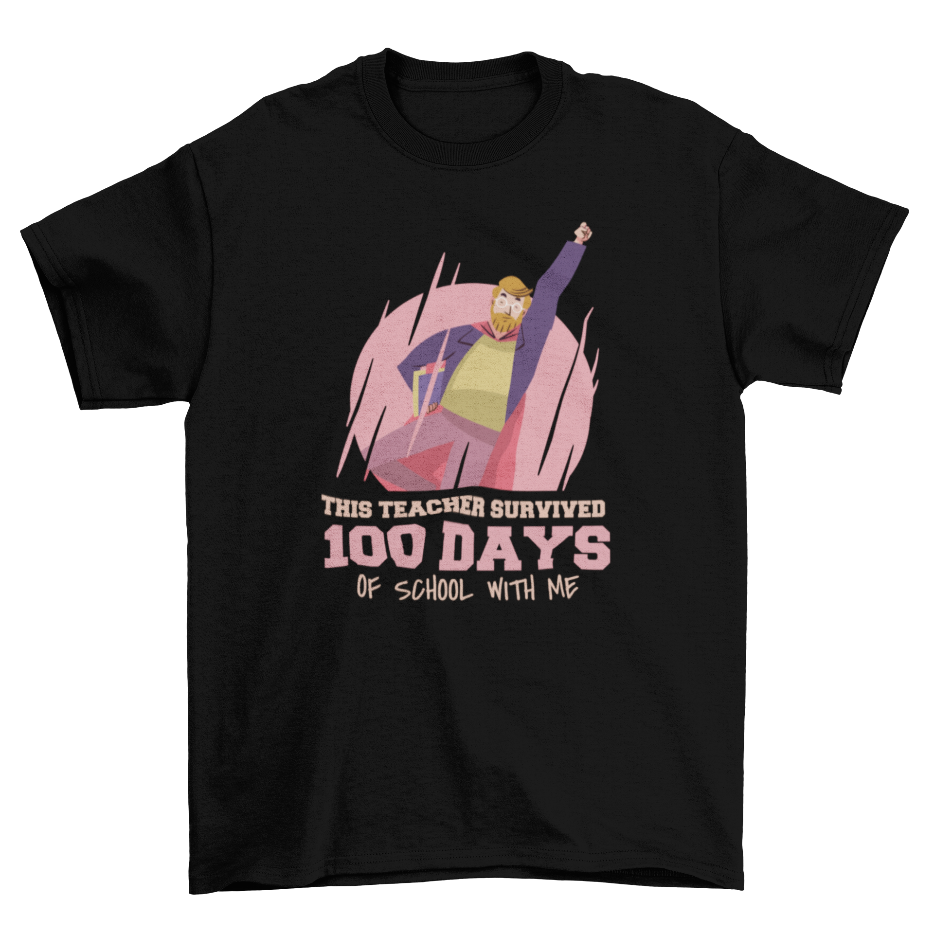 A colorful t-shirt featuring a superhero teacher design with the quote 'This teacher survived 100 days of school with me'.