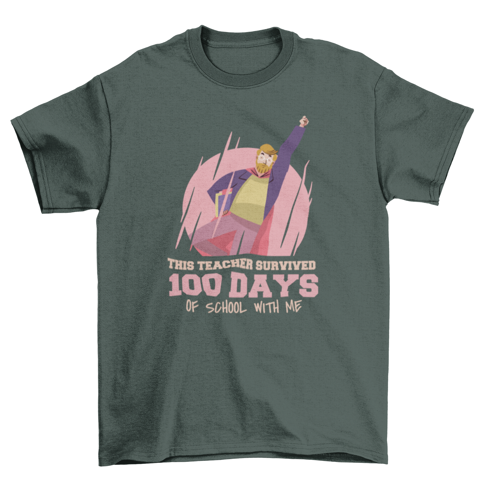 A colorful t-shirt featuring a superhero teacher design with the quote 'This teacher survived 100 days of school with me'.