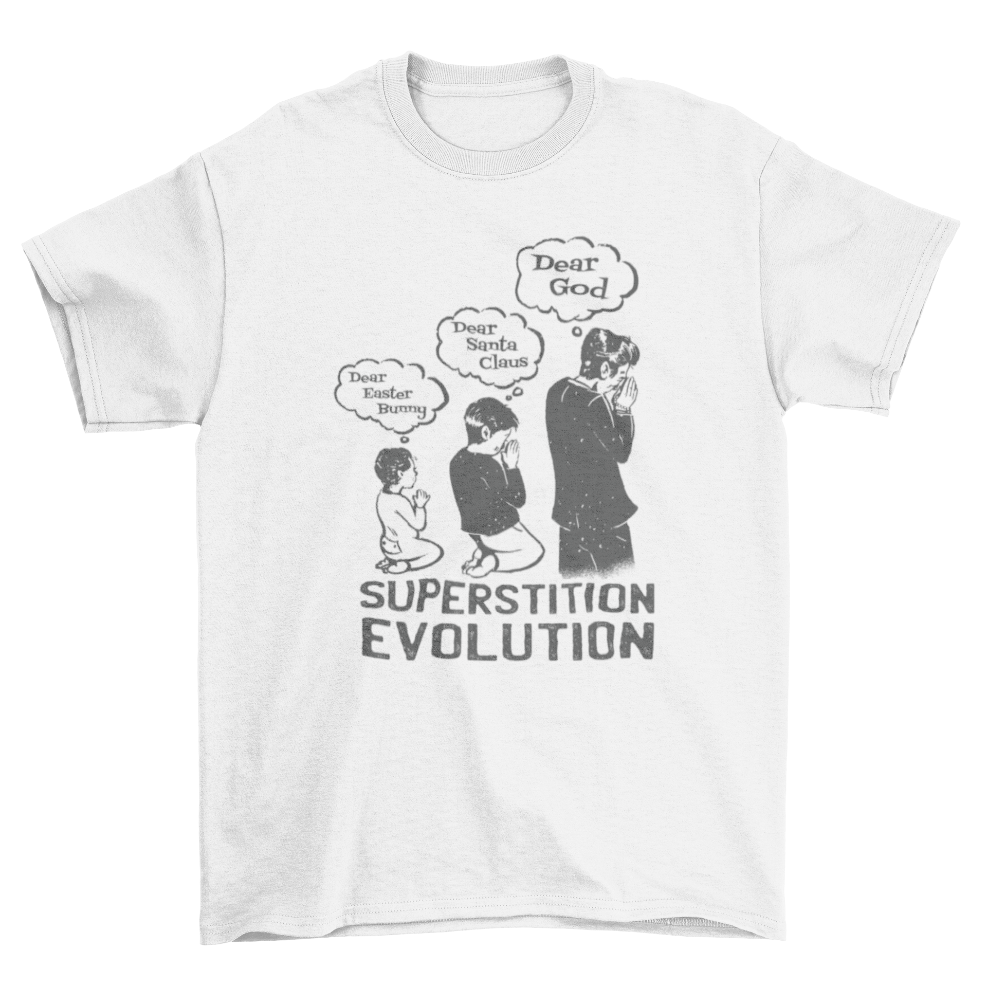 Superstition Evolution T-Shirt featuring a boy praying to the Easter Bunny and Santa Claus, transitioning to praying to God as an adult.