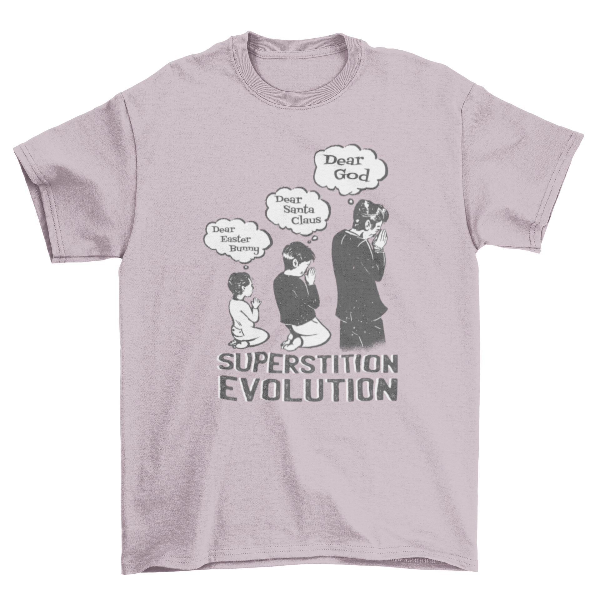 Superstition Evolution T-Shirt featuring a boy praying to the Easter Bunny and Santa Claus, transitioning to praying to God as an adult.