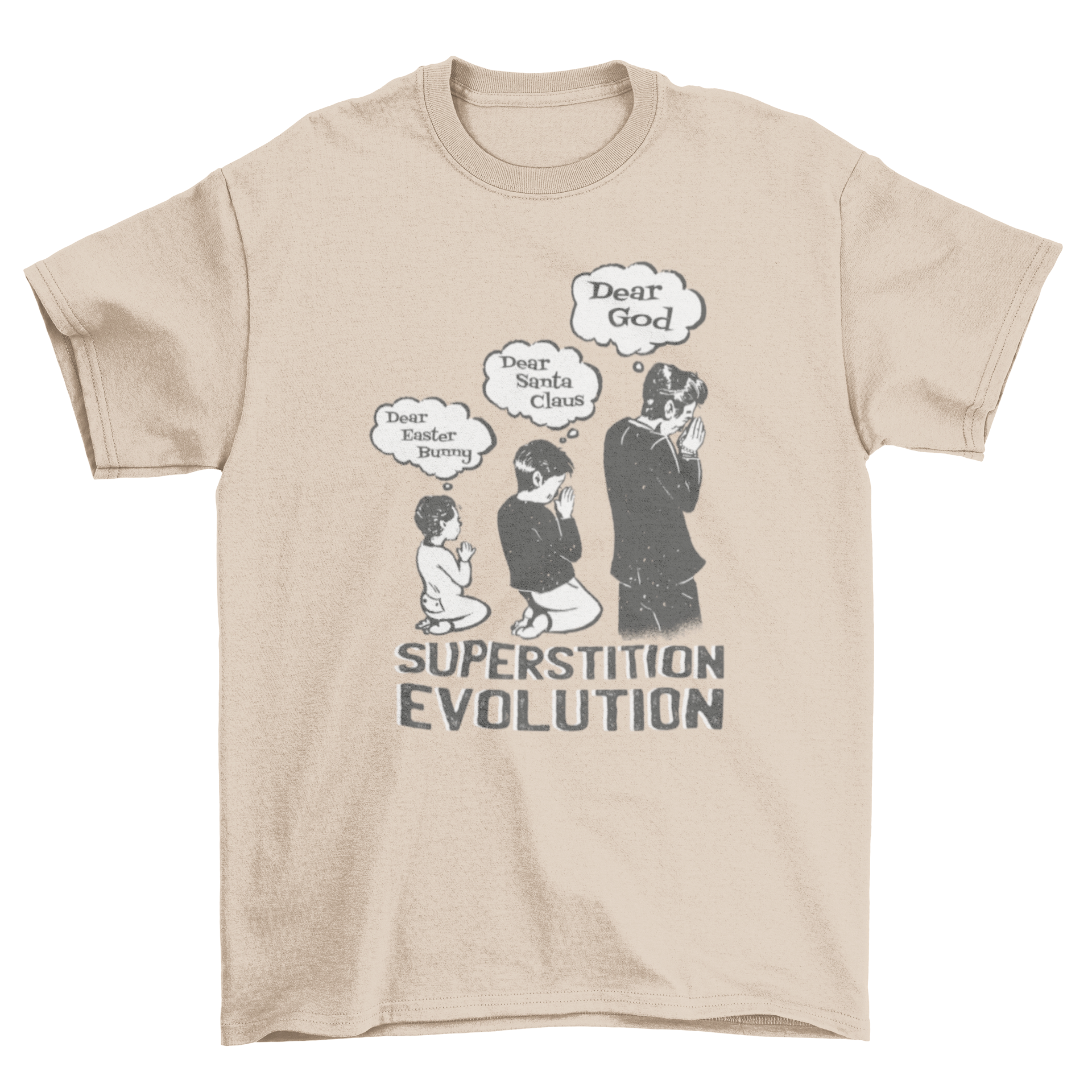 Superstition Evolution T-Shirt featuring a boy praying to the Easter Bunny and Santa Claus, transitioning to praying to God as an adult.