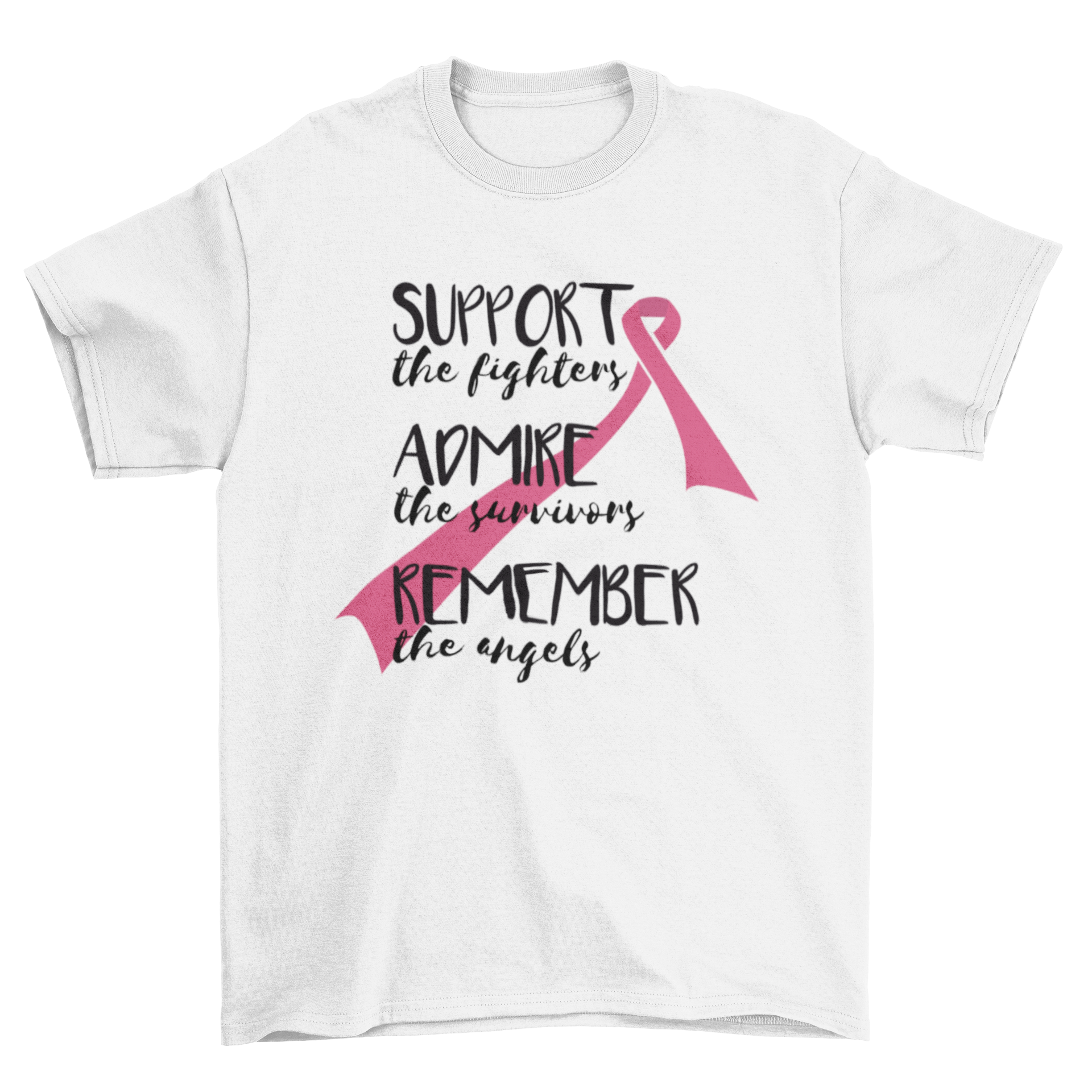 Support the Fighters t-shirt featuring a pink ribbon and inspirational quote for breast cancer awareness.