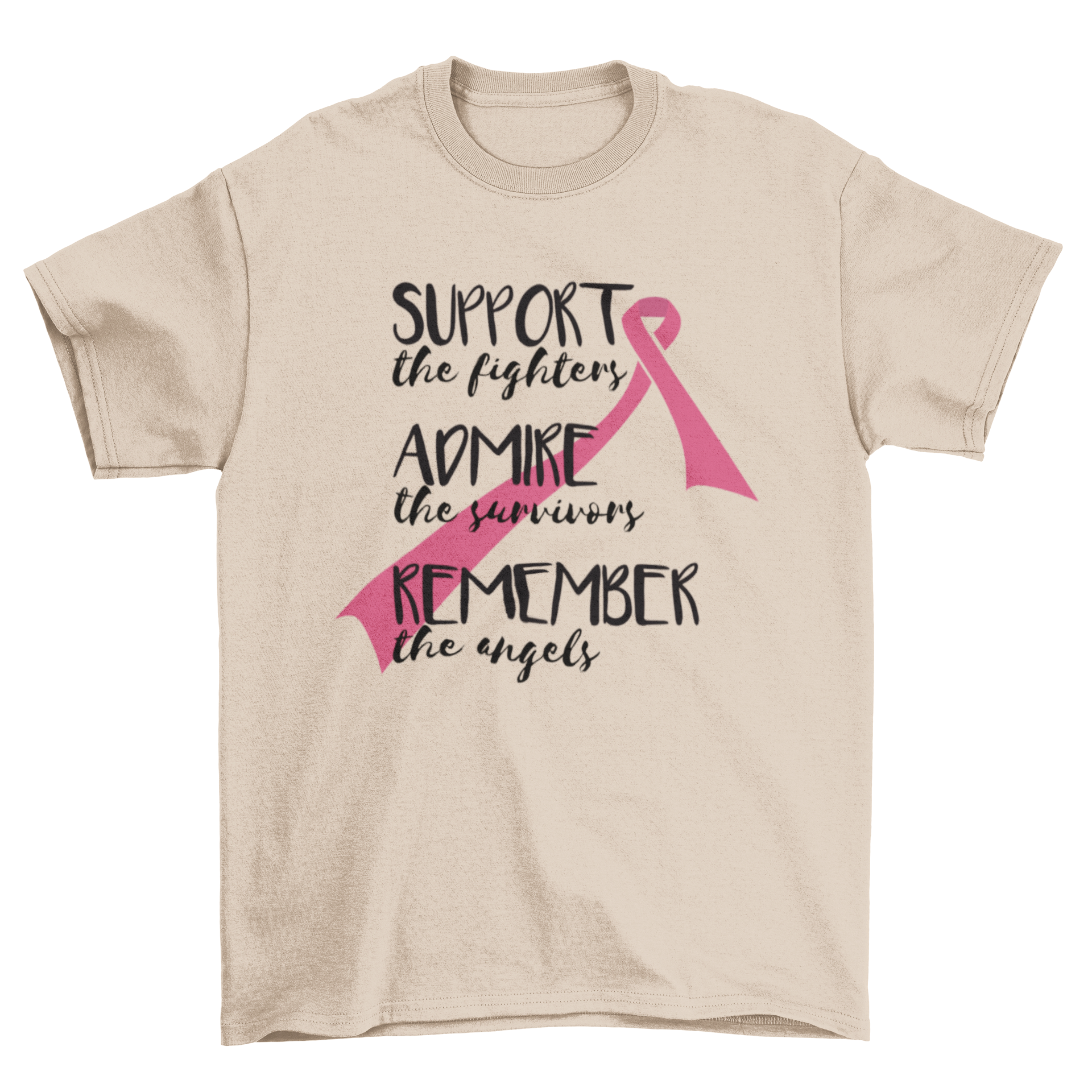 Support the Fighters t-shirt featuring a pink ribbon and inspirational quote for breast cancer awareness.