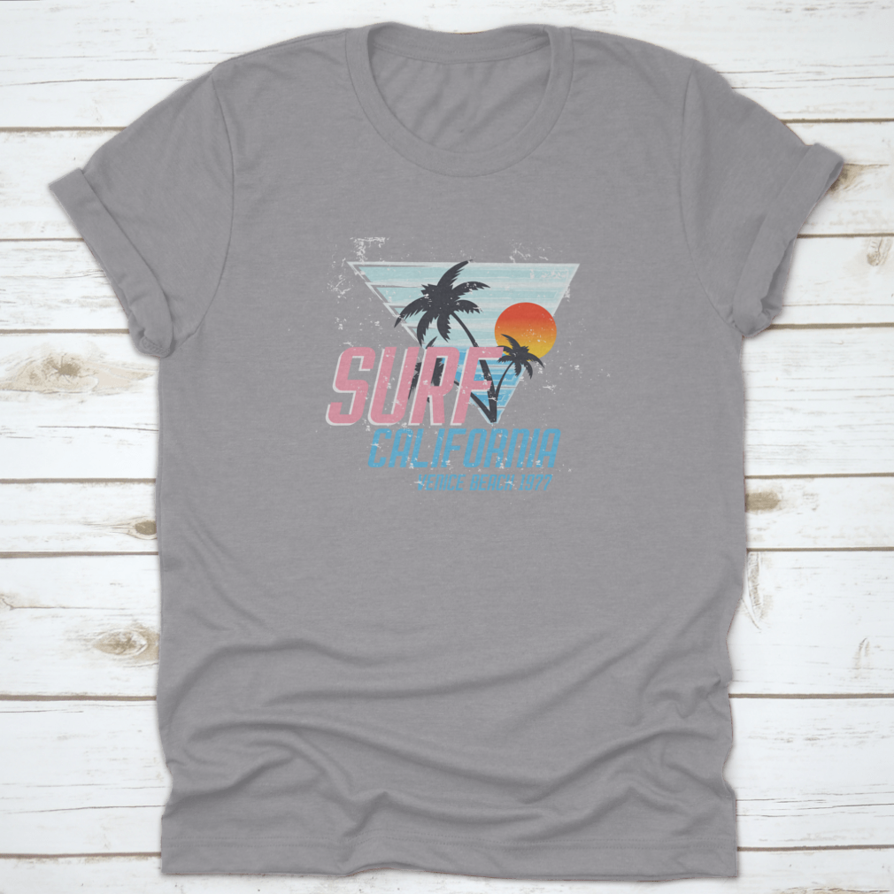 Surf California Vince Beach 1977 T-shirt in Sport Grey, showcasing its classic fit and soft cotton fabric.