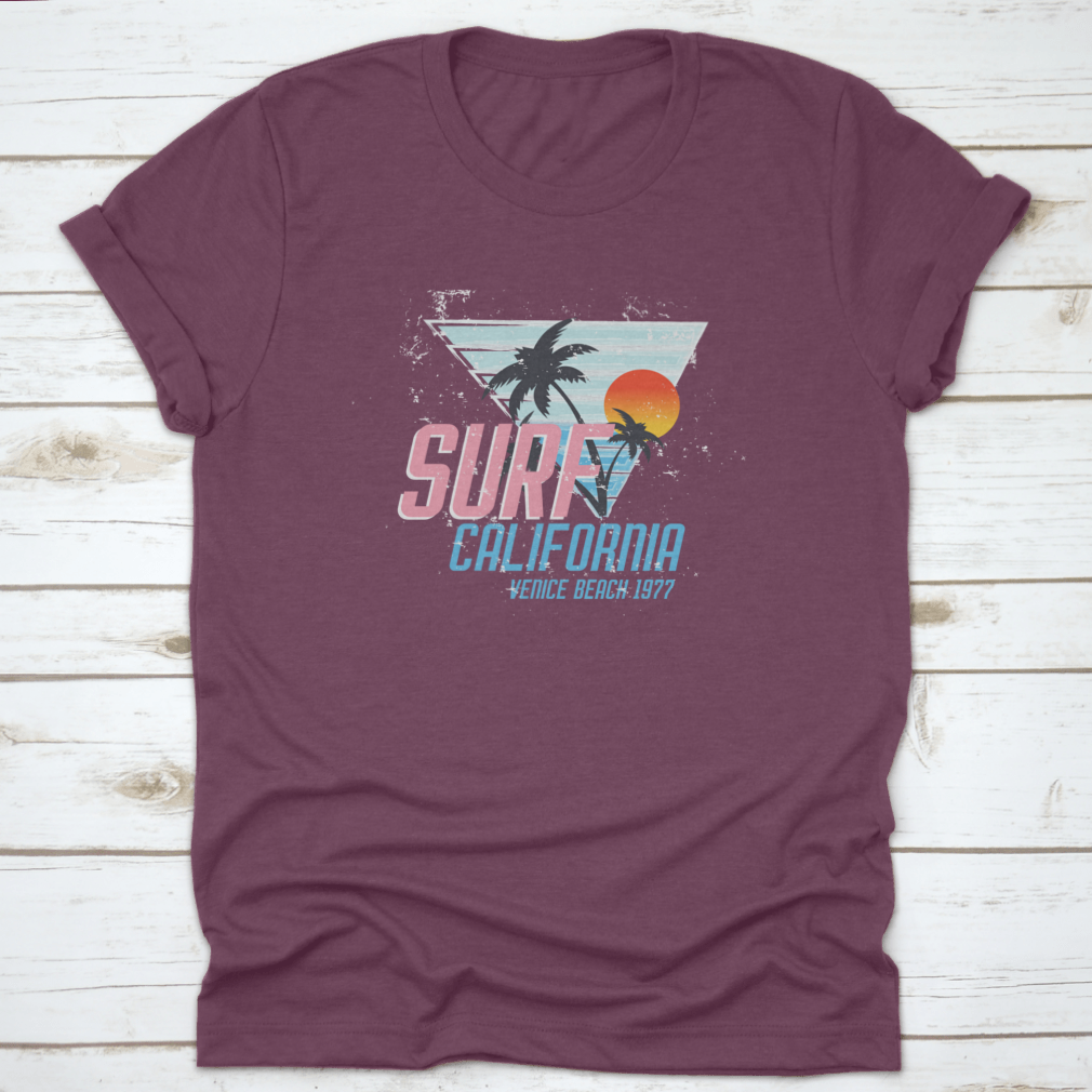 Surf California Vince Beach 1977 T-shirt in Sport Grey, showcasing its classic fit and soft cotton fabric.