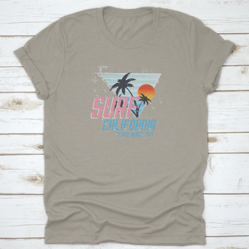 Surf California Vince Beach 1977 T-shirt in Sport Grey, showcasing its classic fit and soft cotton fabric.