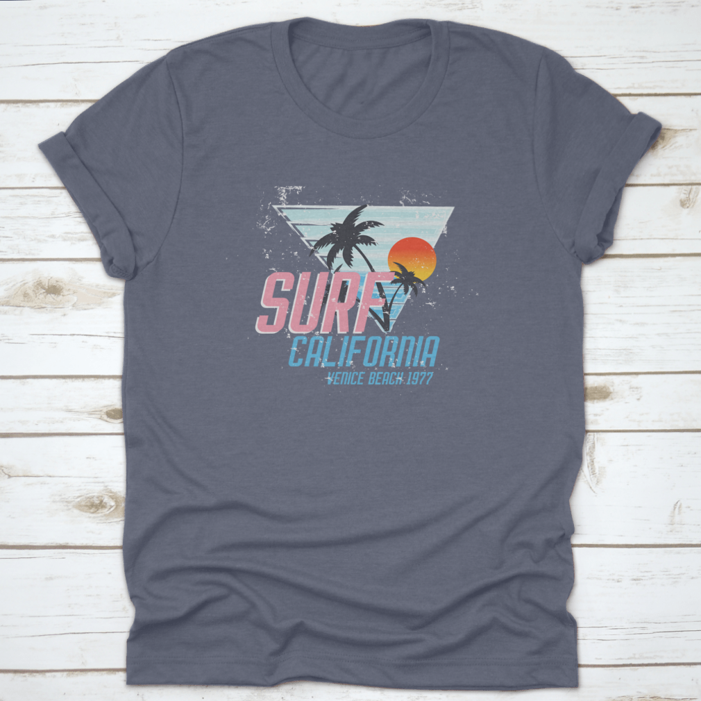 Surf California Vince Beach 1977 T-shirt in Sport Grey, showcasing its classic fit and soft cotton fabric.