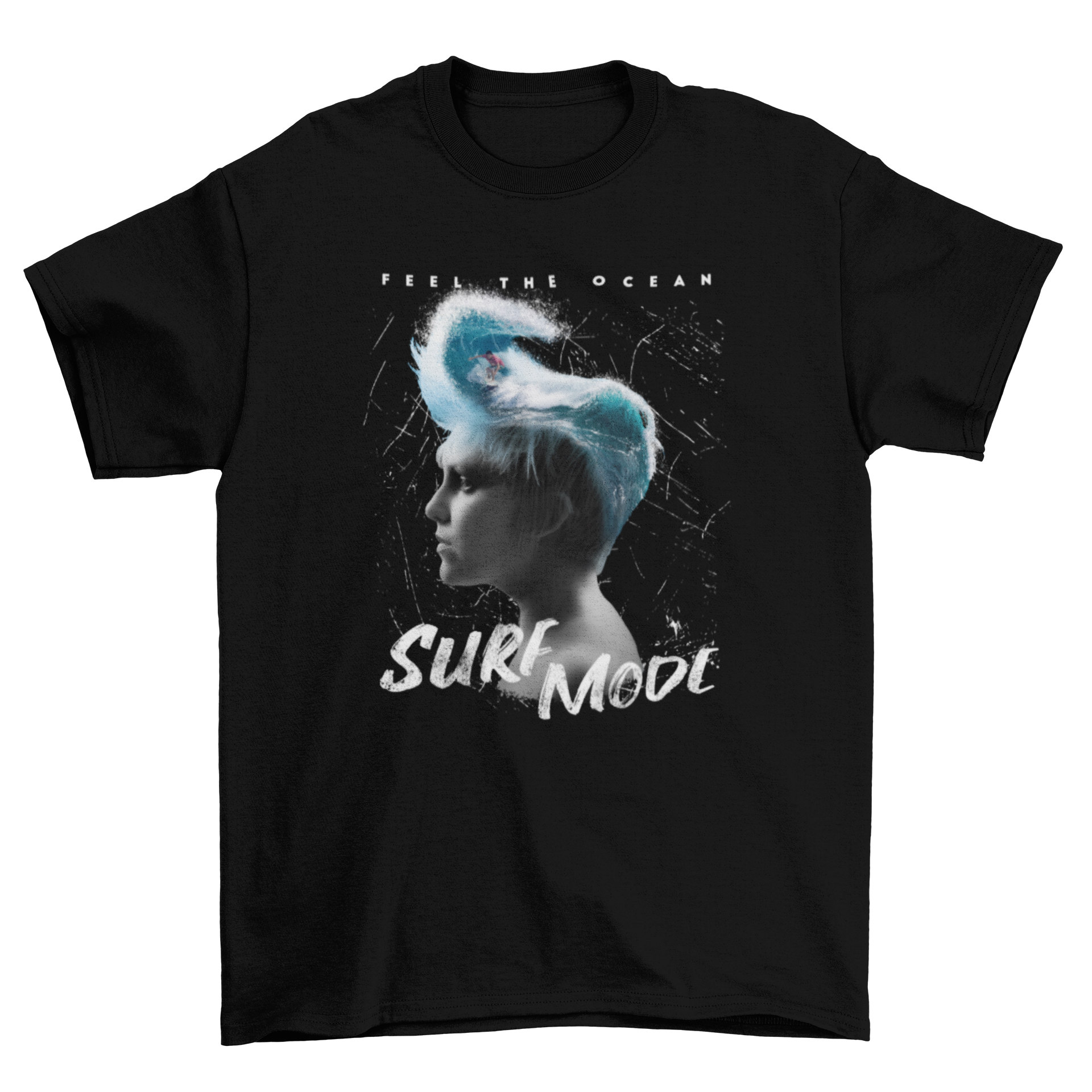 Surf Head Collage T-Shirt featuring a woman with a wave in her head, showcasing a unique and artistic design.