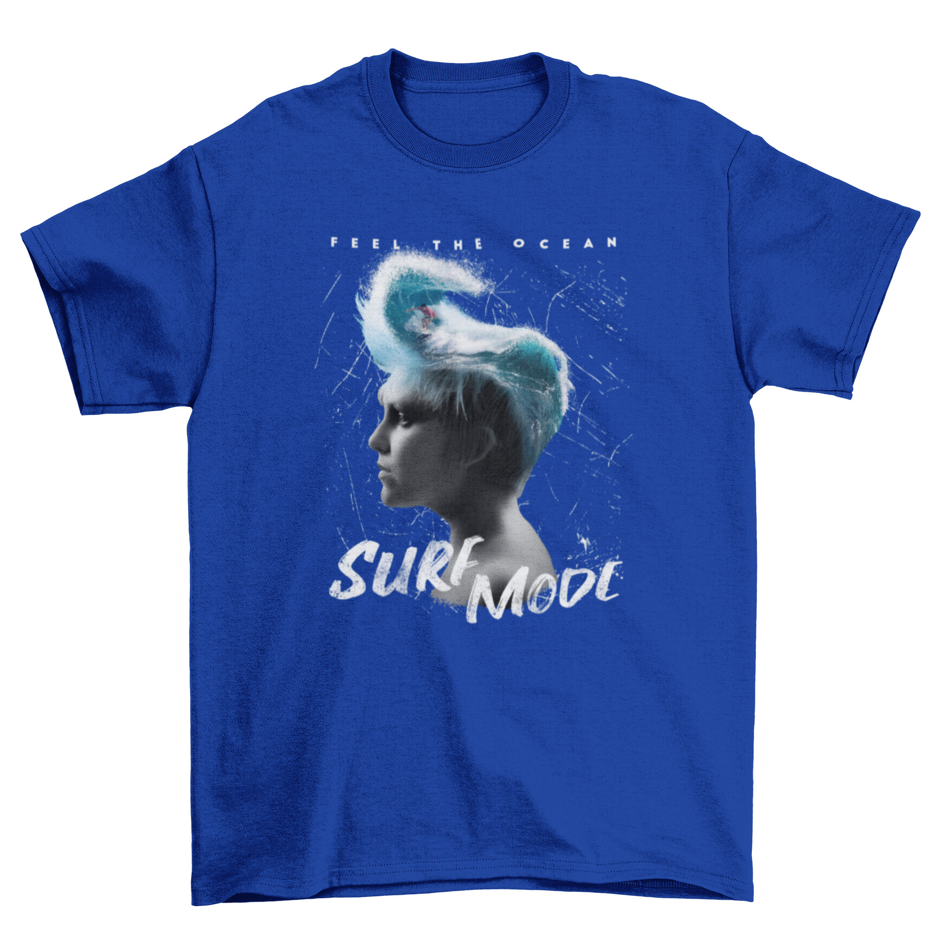 Surf Head Collage T-Shirt featuring a woman with a wave in her head, showcasing a unique and artistic design.